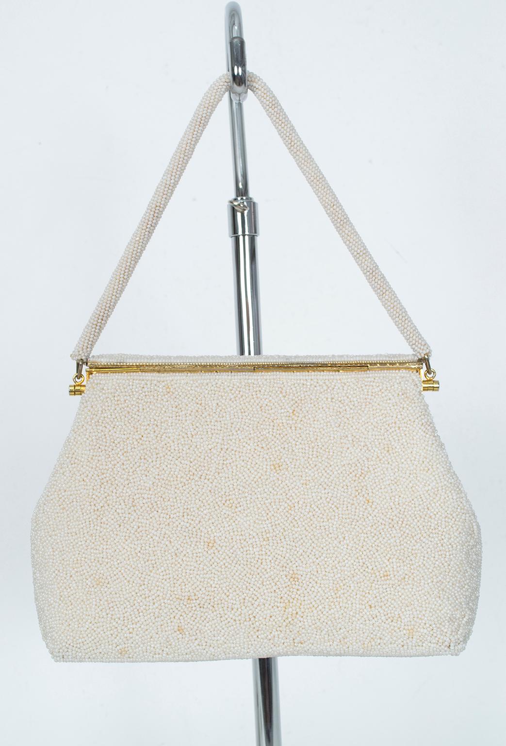 Beige Denise Francelle Attrib Floral Petit Point and Ivory Pavé Bead Evening Bag, 1950 For Sale
