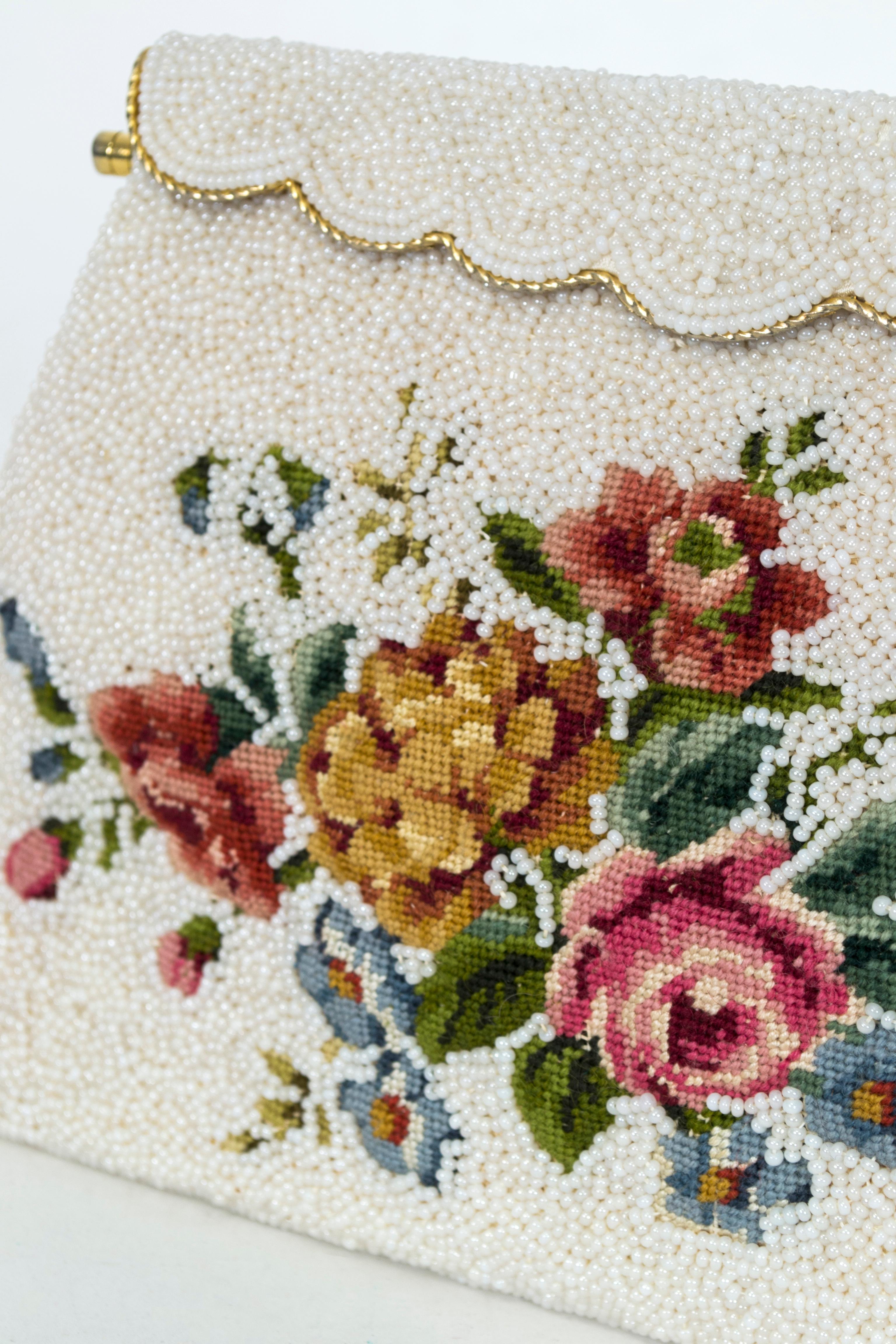 Denise Francelle Attrib Floral Petit Point and Ivory Pavé Bead Evening Bag, 1950 In Good Condition For Sale In Tucson, AZ