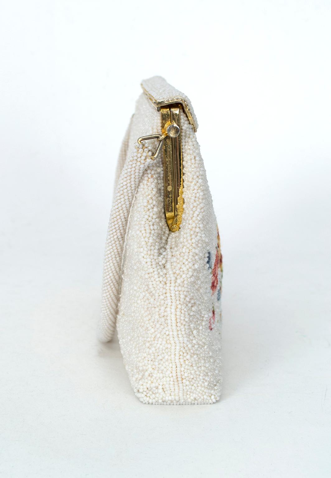 Women's Denise Francelle Attrib Floral Petit Point and Ivory Pavé Bead Evening Bag, 1950 For Sale