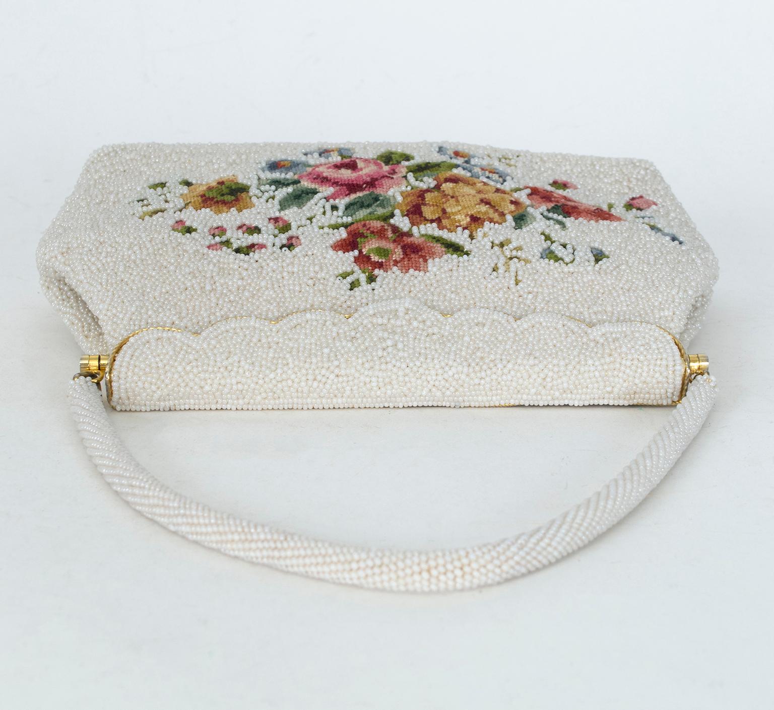 Denise Francelle Attrib Floral Petit Point and Ivory Pavé Bead Evening Bag, 1950 For Sale 1