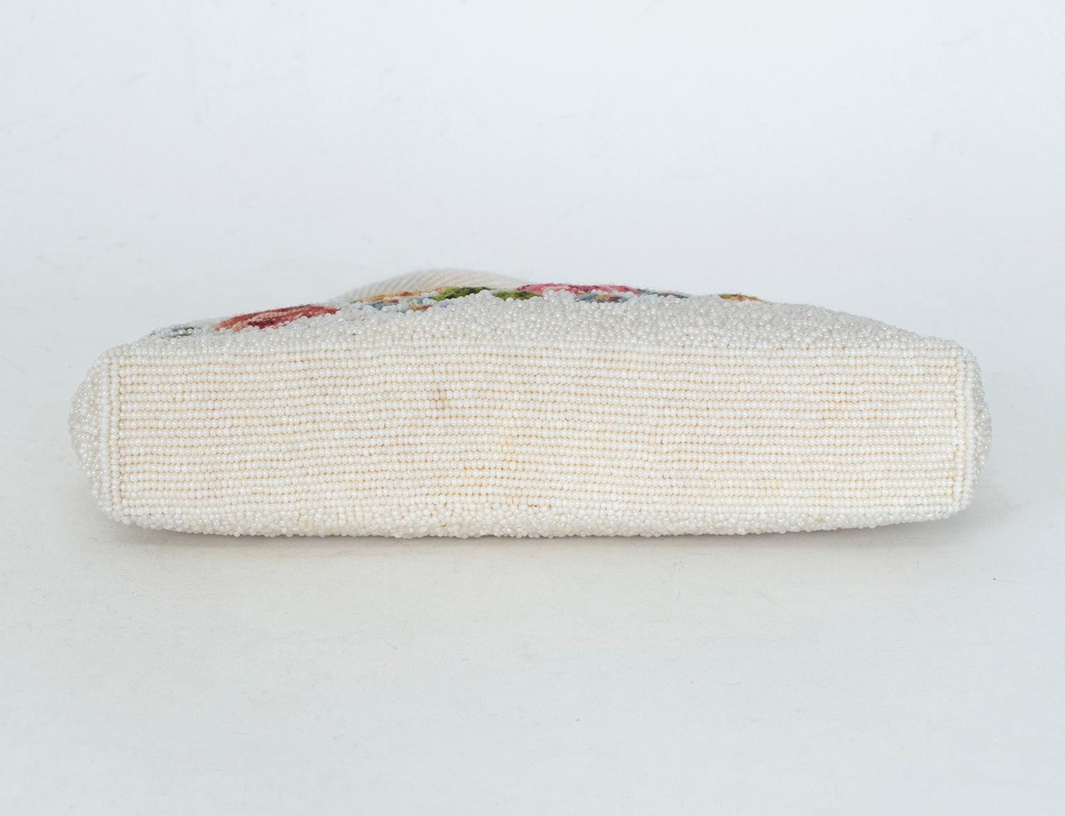 Denise Francelle Attrib Floral Petit Point and Ivory Pavé Bead Evening Bag, 1950 For Sale 2