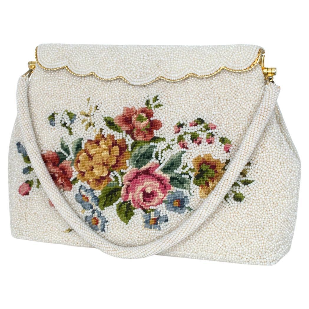 Denise Francelle Attrib Floral Petit Point and Ivory Pavé Bead Evening Bag, 1950 For Sale