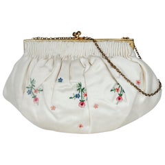 Denise Francelle Paris Ivory Satin and Floral Tambour Bridal Purse, 1960s