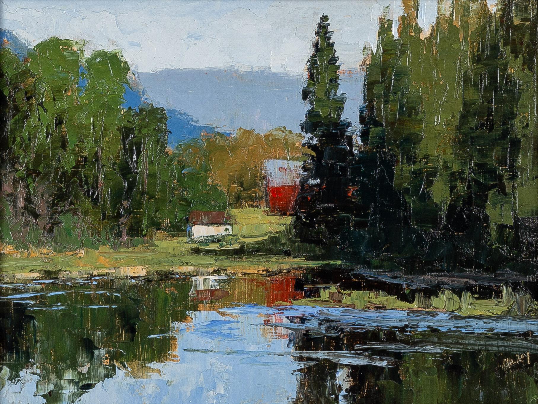 Granero junto al lago, Denise Gilroy Pintura al óleo de paisaje impresionista contemporáneo en venta 1