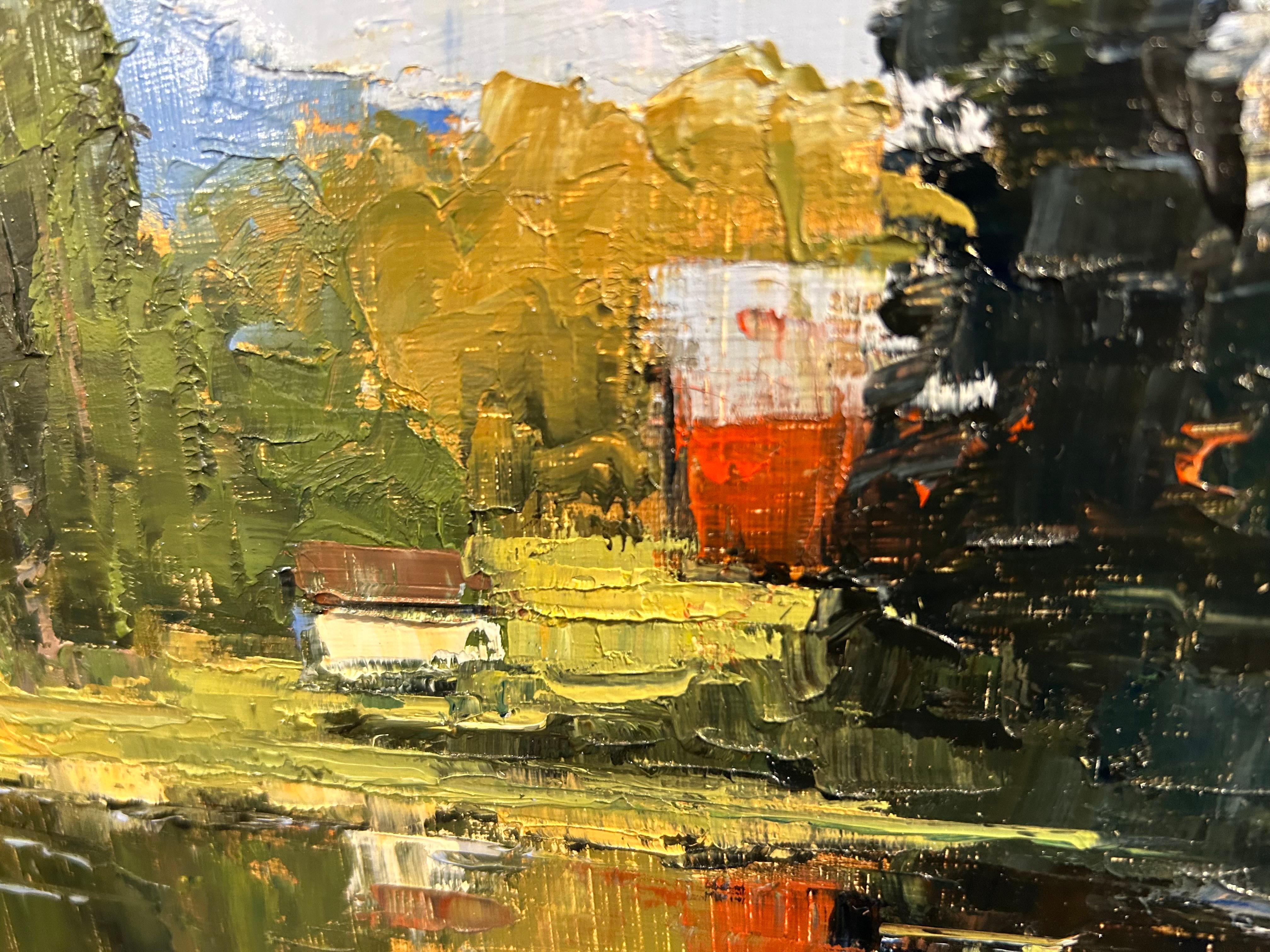 Granero junto al lago, Denise Gilroy Pintura al óleo de paisaje impresionista contemporáneo en venta 2
