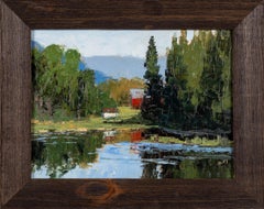 Peinture à l'huile impressionniste contemporaine de Denise Gilroy représentant un paysage de bord de lac