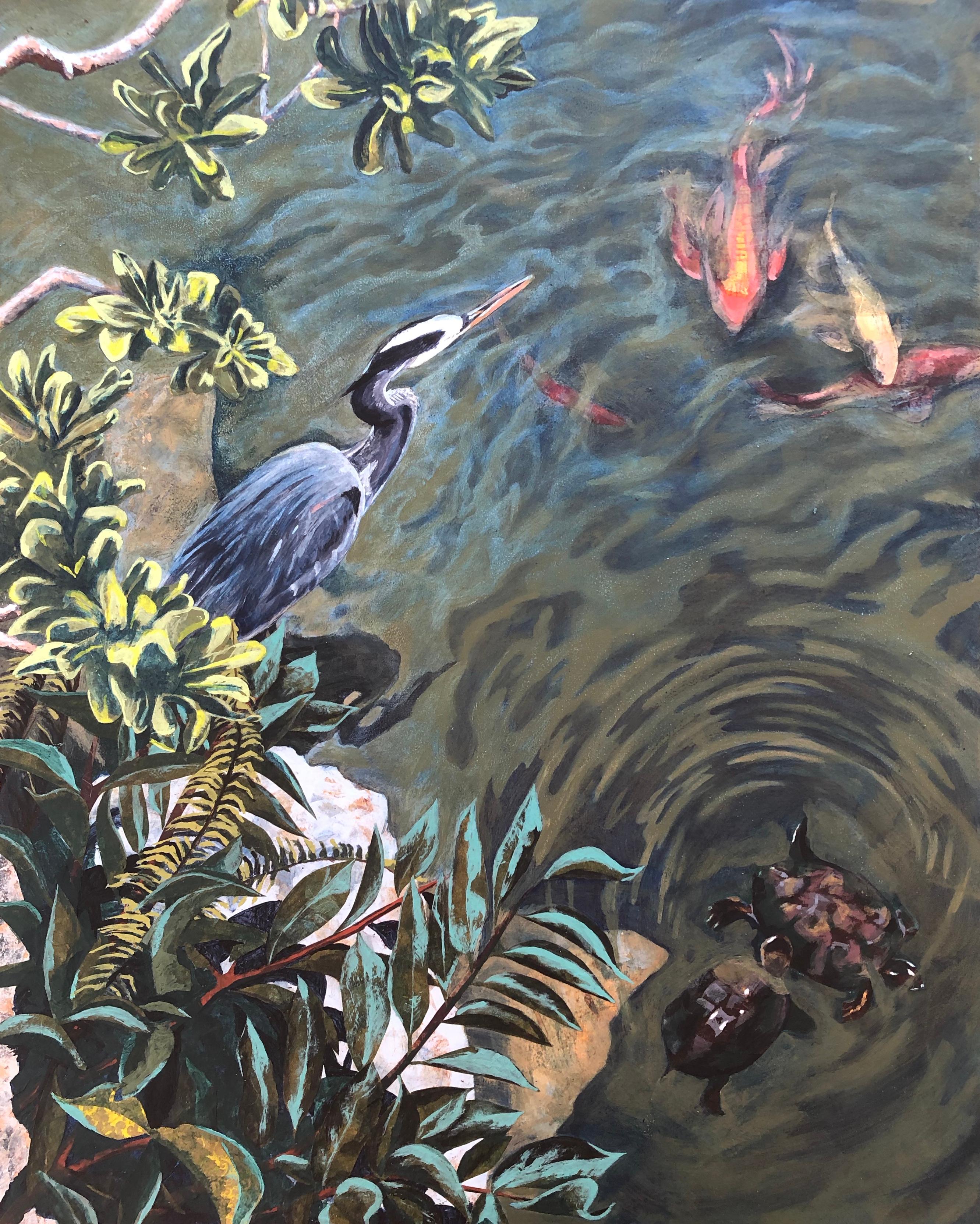 Denise Mumm Still-Life Painting - Heron, Morikami Pond - Original Still Life Painting, 2020