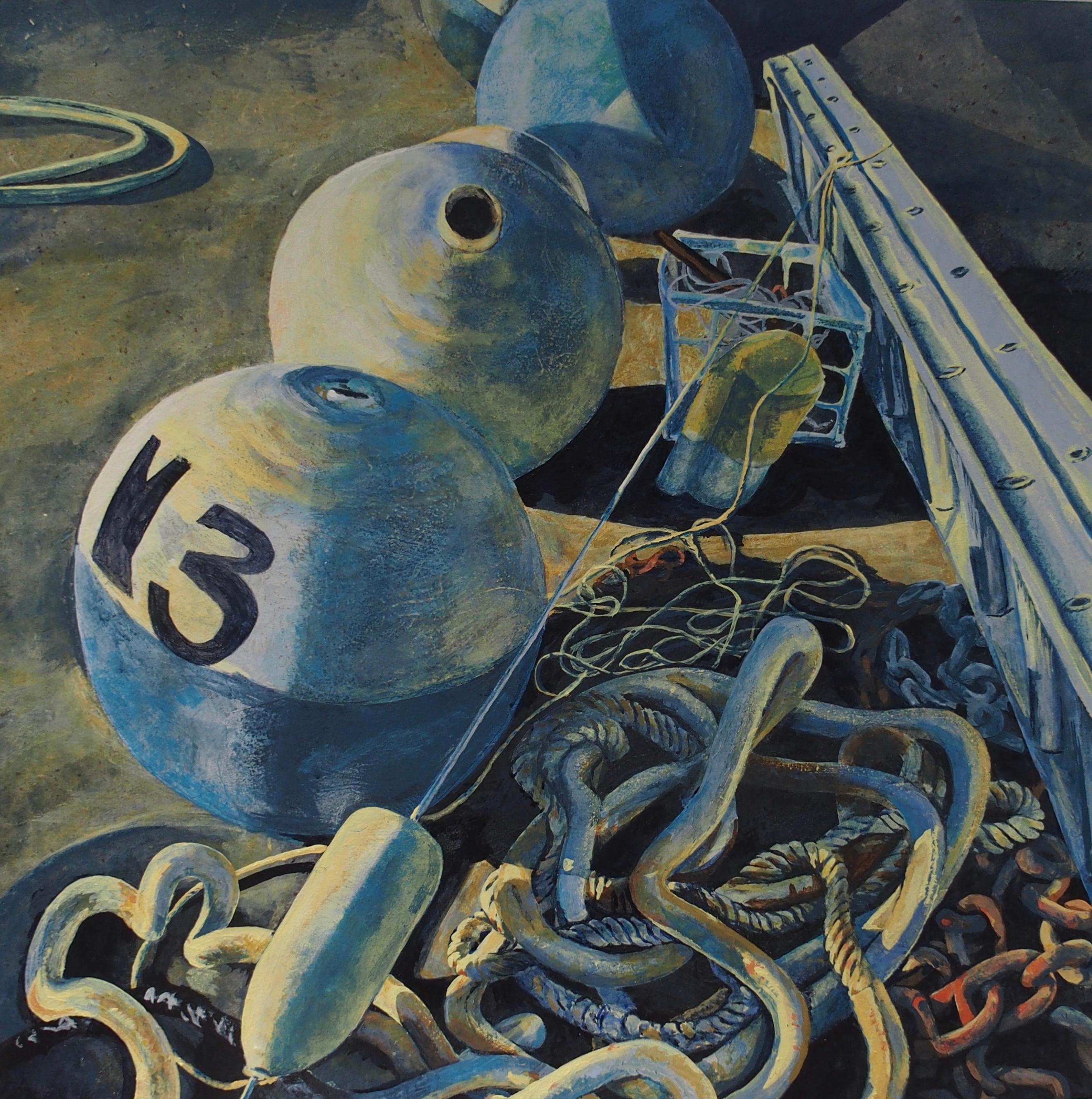 Denise Mumm Still-Life Painting - Mooring Balls, Atlantic Highlands Marina, Original Acrylic Painting, 2020