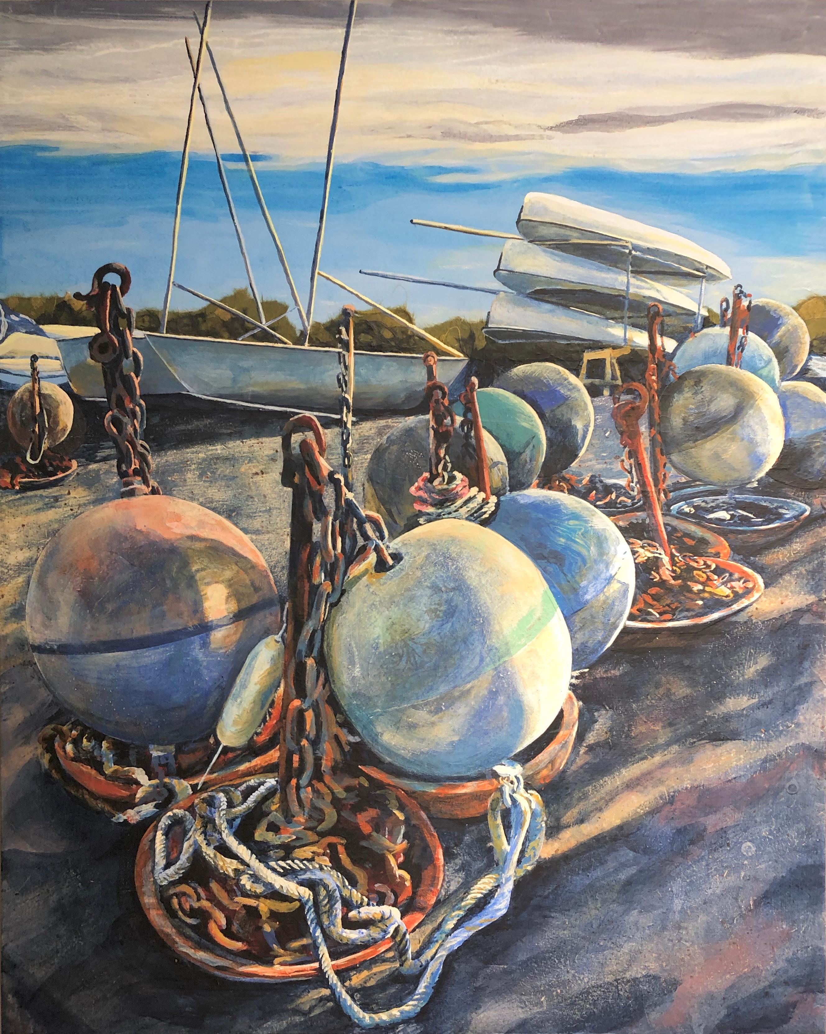 Denise Mumm Still-Life Painting - Mooring Balls, Great Kills Harbor, Original Still Life Painting, 2020