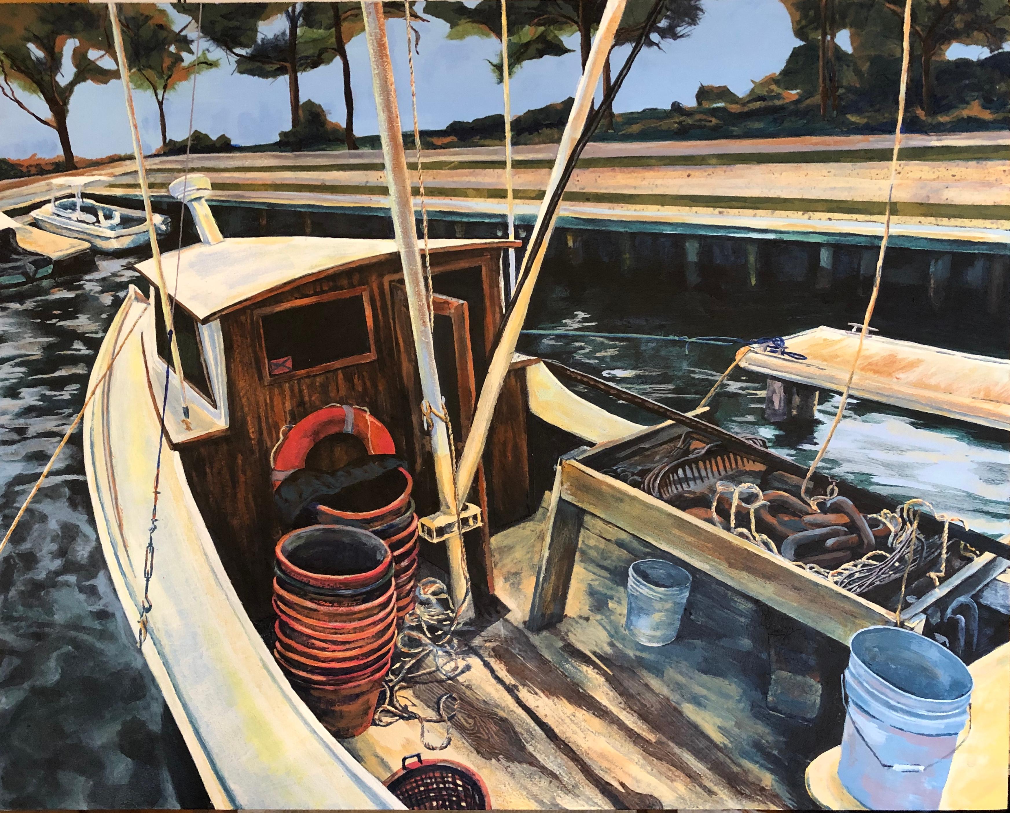 Denise Mumm Still-Life Painting - Oyster Boat, Windmill Pt. Marina, Va, Original Acrylic Painting, 2020