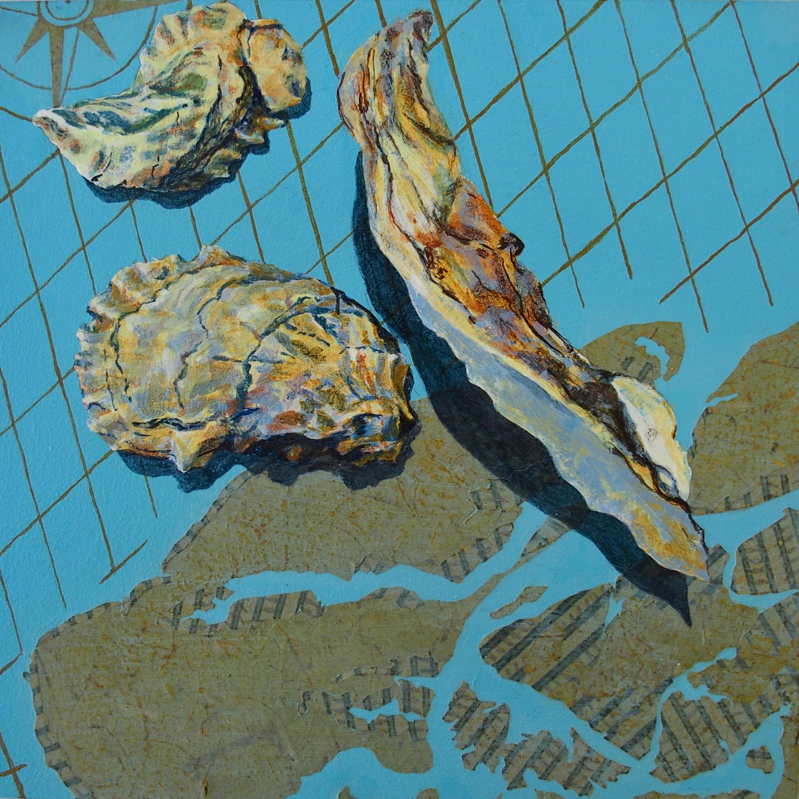 Denise Mumm Still-Life Painting - Oysters on Hilton Head, Acrylic Painting on Wood Panel, 2020