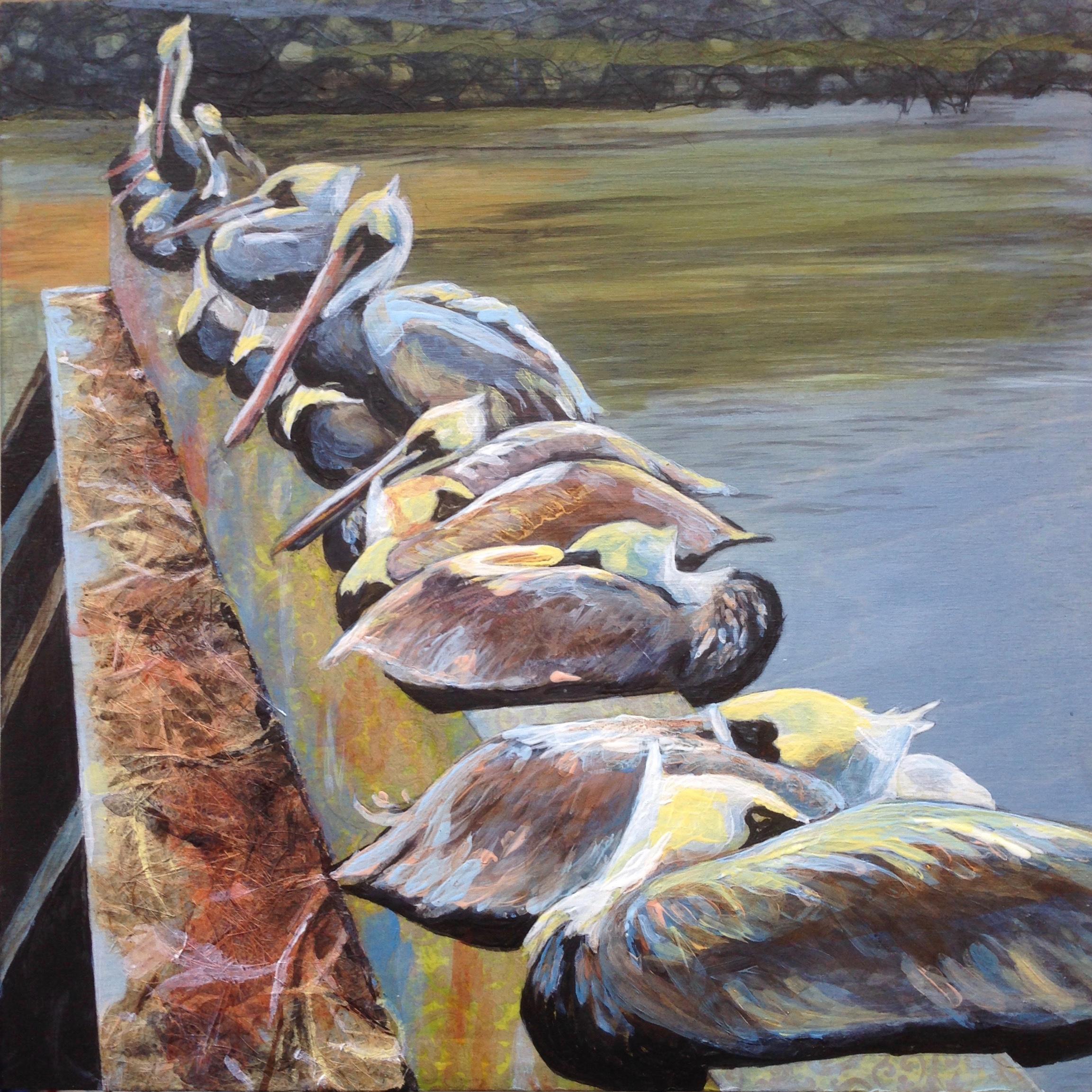 Denise Mumm Still-Life Painting - Pelicans at Hilton Head, Acrylic Painting on Wood Panel, 2020
