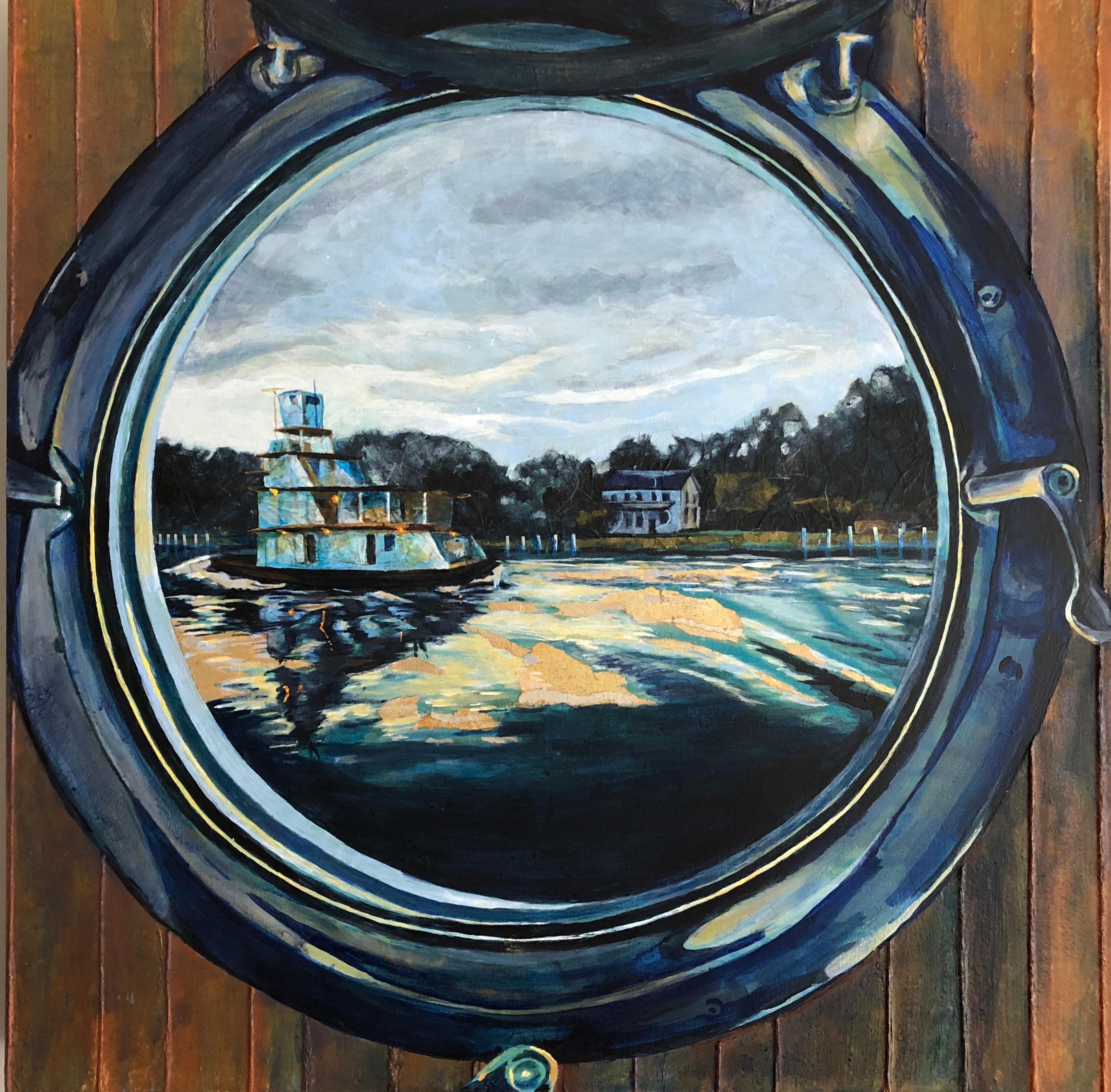 Denise Mumm Still-Life Painting - Porthole View: Tugboat at Twilight, Original Still Life Painting, 2020