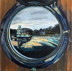 Vue d'un hublot : Tugboat at Twilight, peinture de nature morte originale, 2020