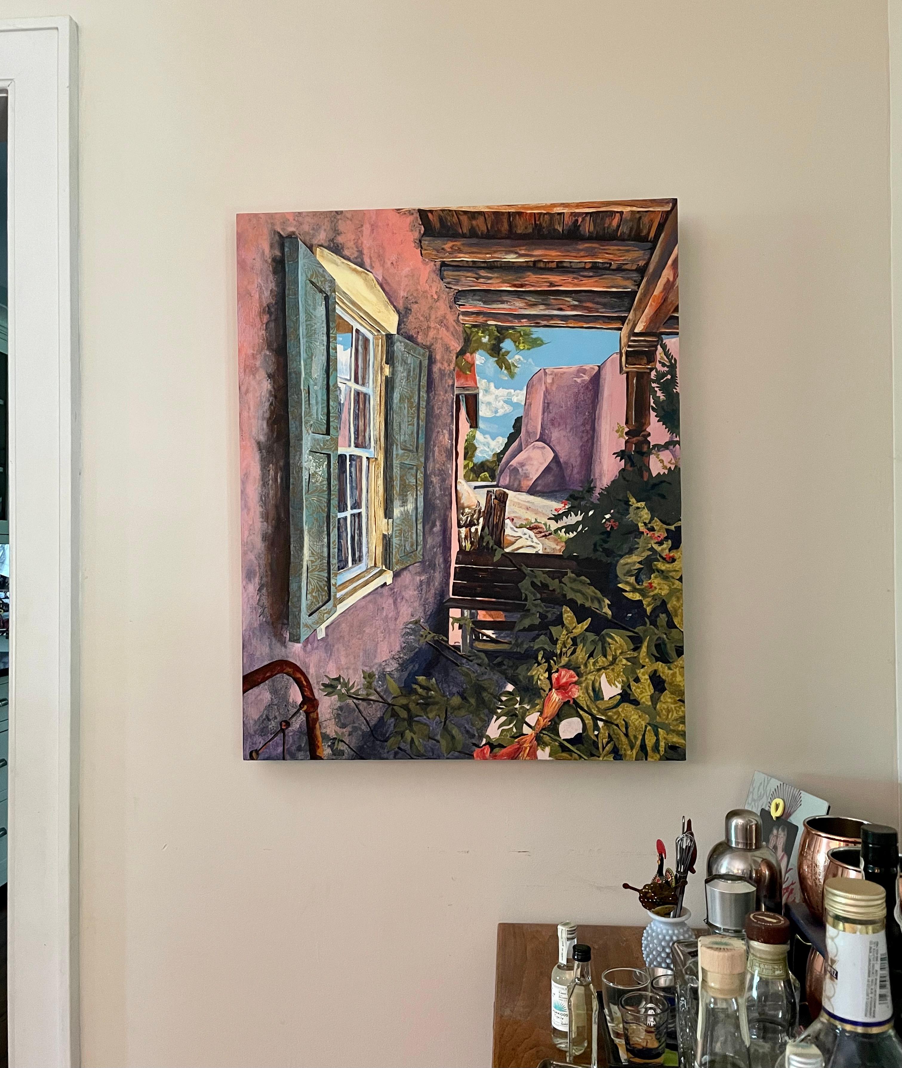 Artist Commentary:
This mixed media painting includes the back of the Ranchos de Taos church that Georgia O'Keefe made famous in her painting. My painting places the church in its environment. Where O'Keefe's painting is starkly alone, emphasizing