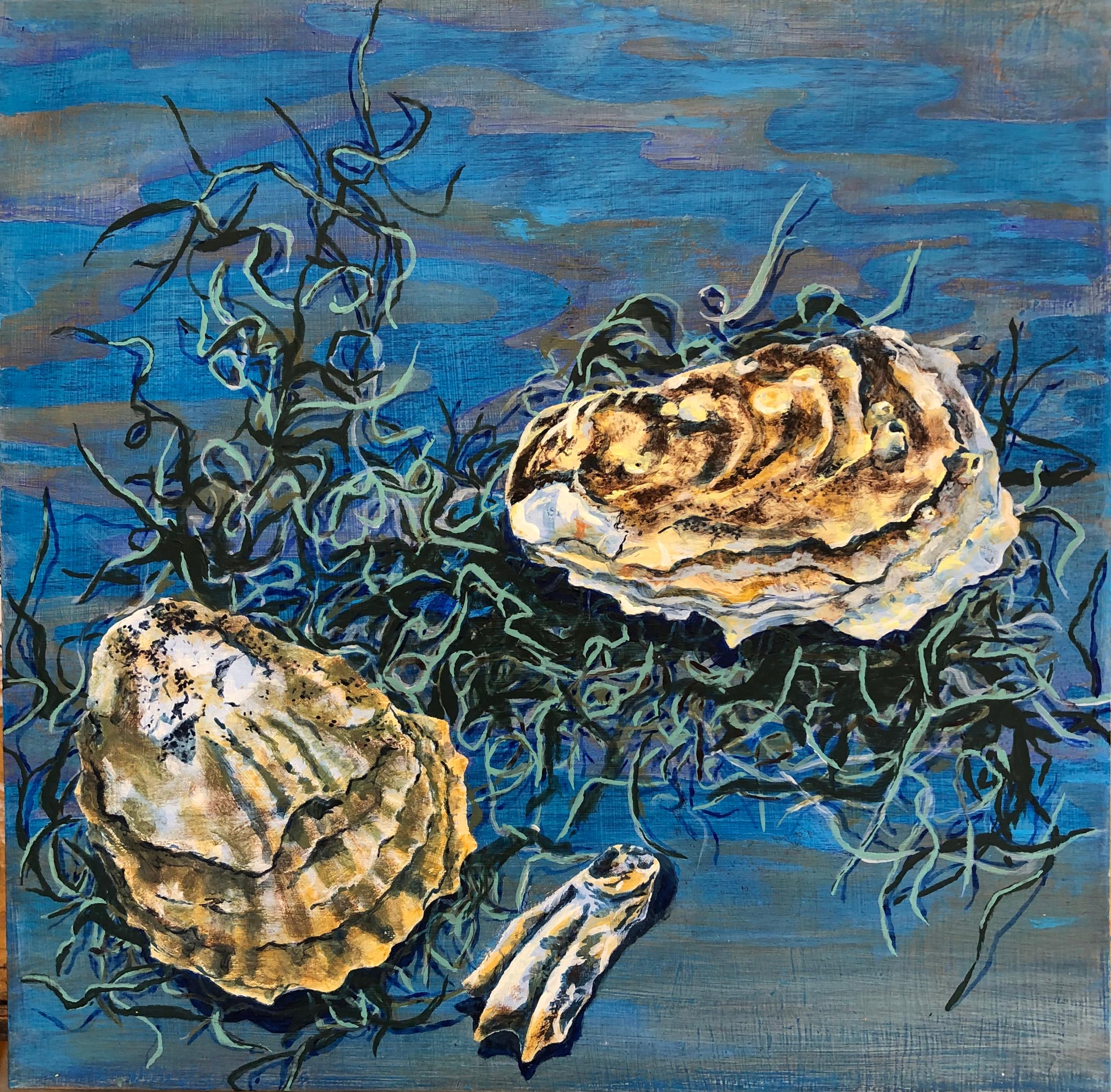 Denise Mumm Still-Life Painting - South Carolina Oysters and Spanish Moss, Acrylic Painting on Wood Panel, 2020