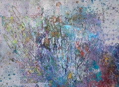 Bouquet, peinture carrée abstraite contemporaine originale bleue et blanche