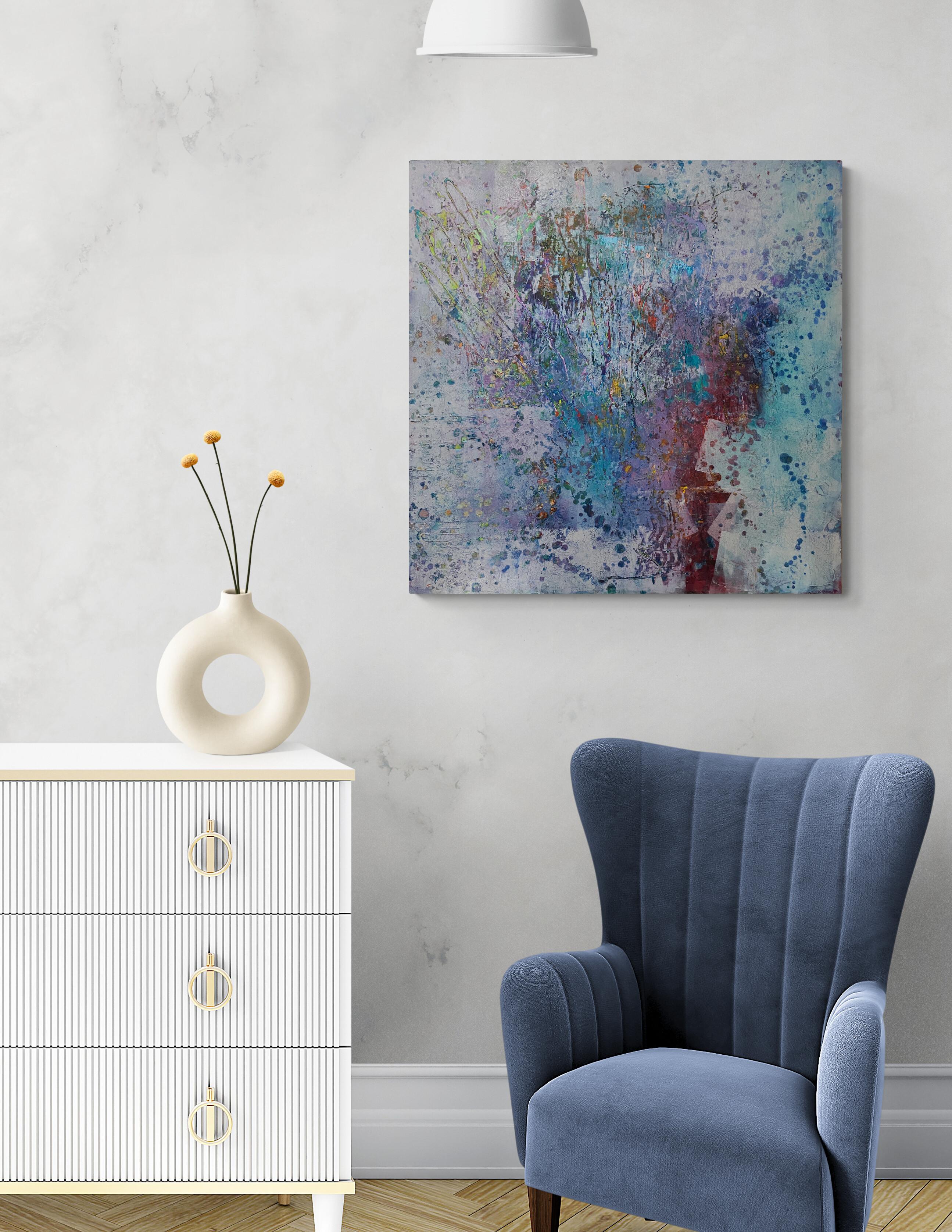 Bouquet, Original Contemporary Blue and White Abstract Square Painting For Sale 2