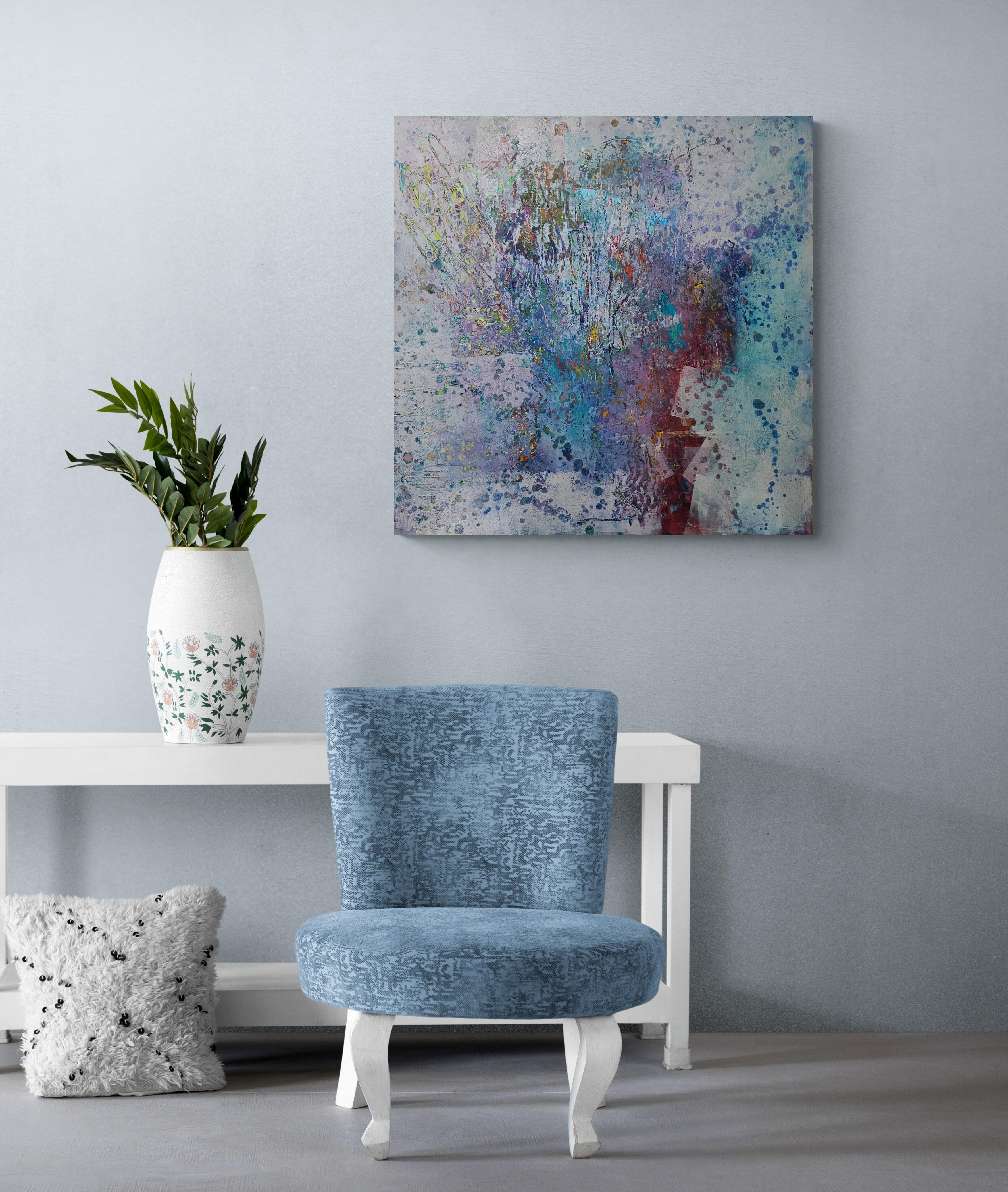 Bouquet, Original Contemporary Blue and White Abstract Square Painting For Sale 3