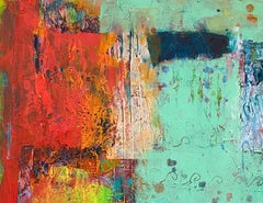 Peinture abstraite contemporaine originale en aigue-marine et rouge « Dredging Up Memories »