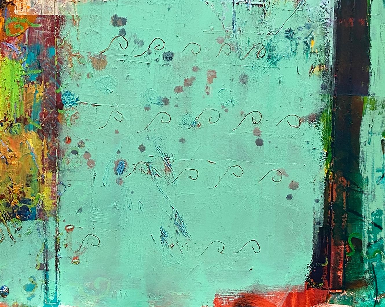 Dredging Up Memories, Original Contemporary Aquamarine and Red Abstract Painting For Sale 1