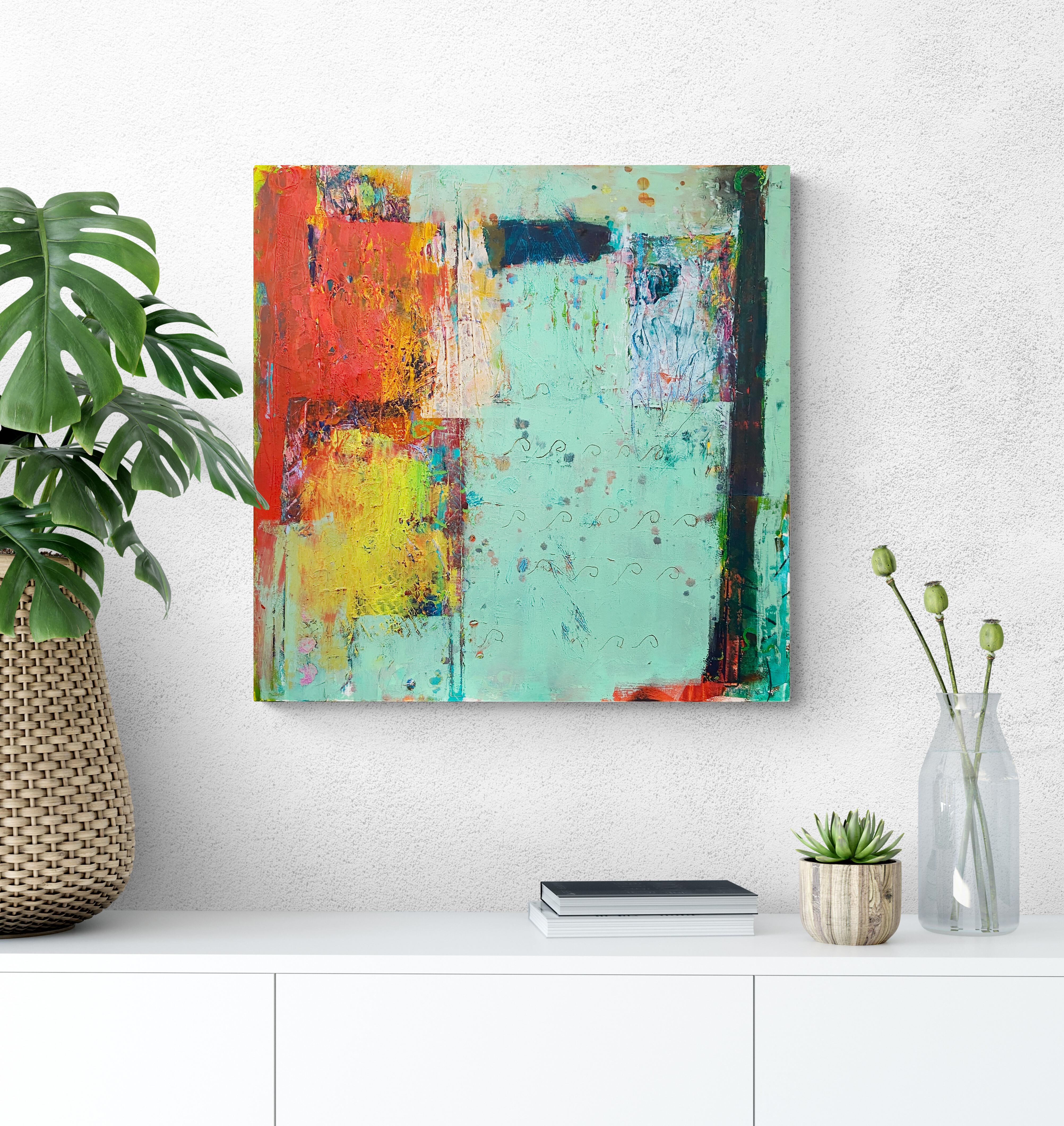 Dredging Up Memories, Original Contemporary Aquamarine and Red Abstract Painting For Sale 3