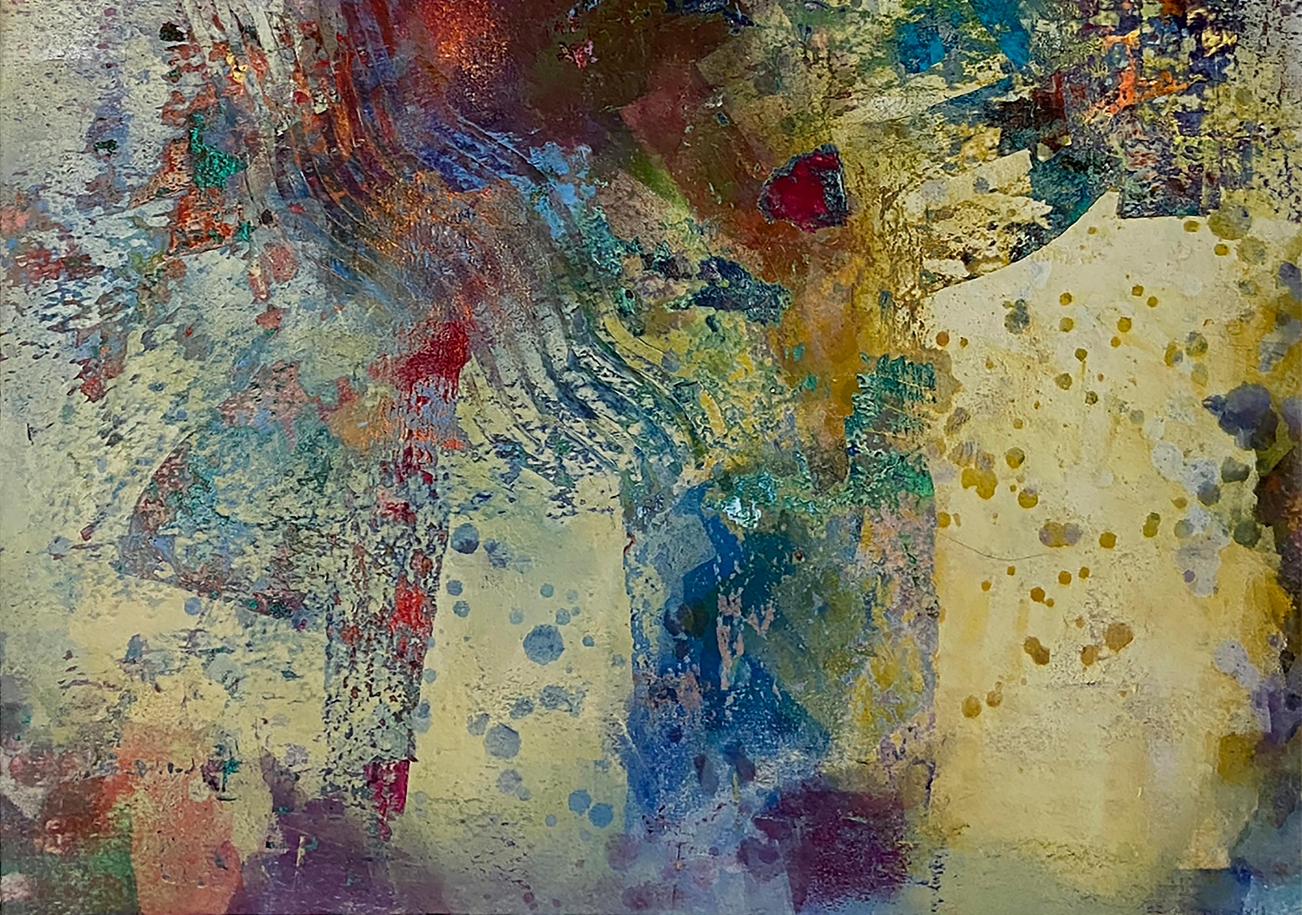 Fiddle-dee-dee, Originales zeitgenössisches abstraktes Gemälde aus Gelbgold und Rot (Abstrakter Expressionismus), Painting, von Denise Presnell