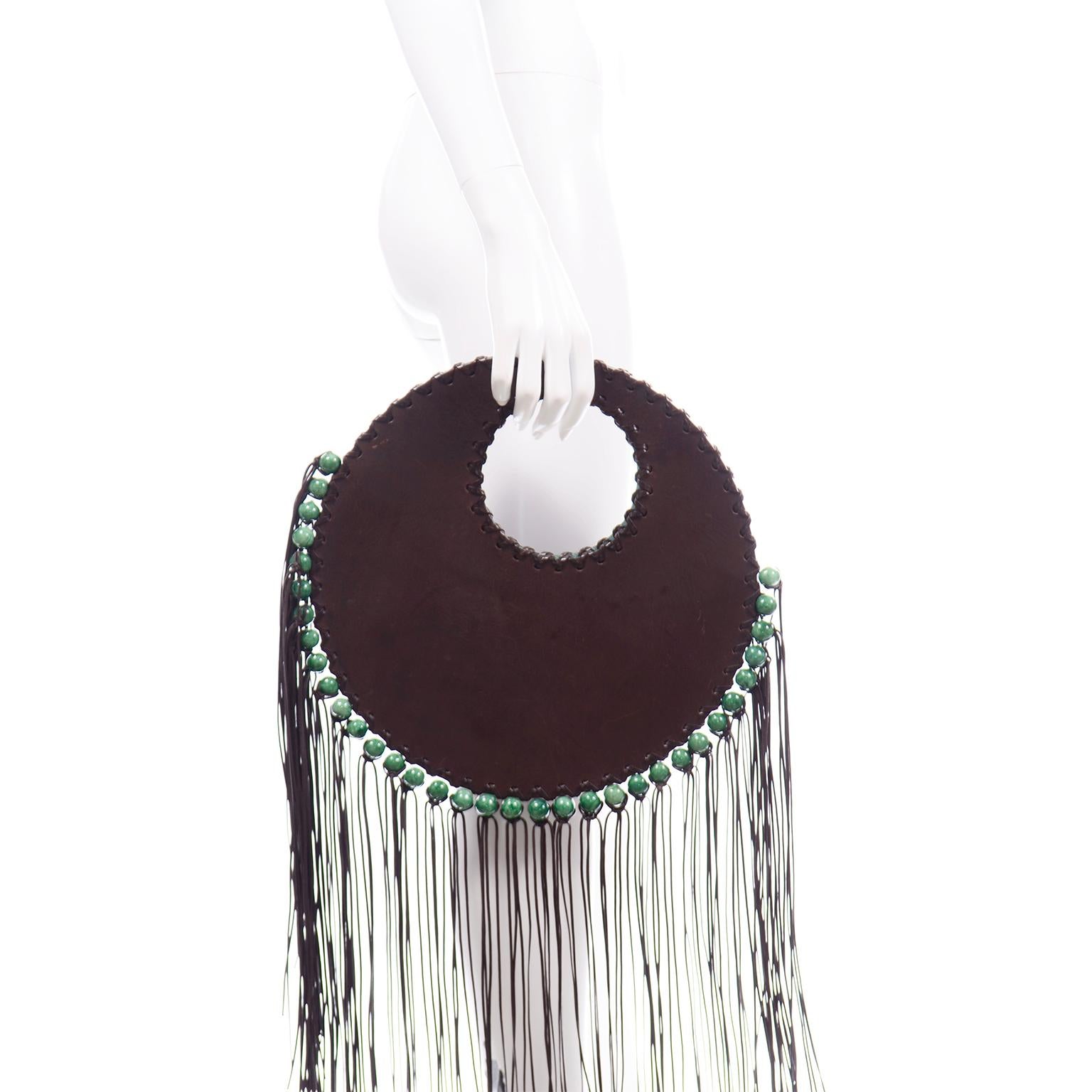 Black Denise Razzouk Round Brown Leather Handbag With Green Beads and Long Fringe