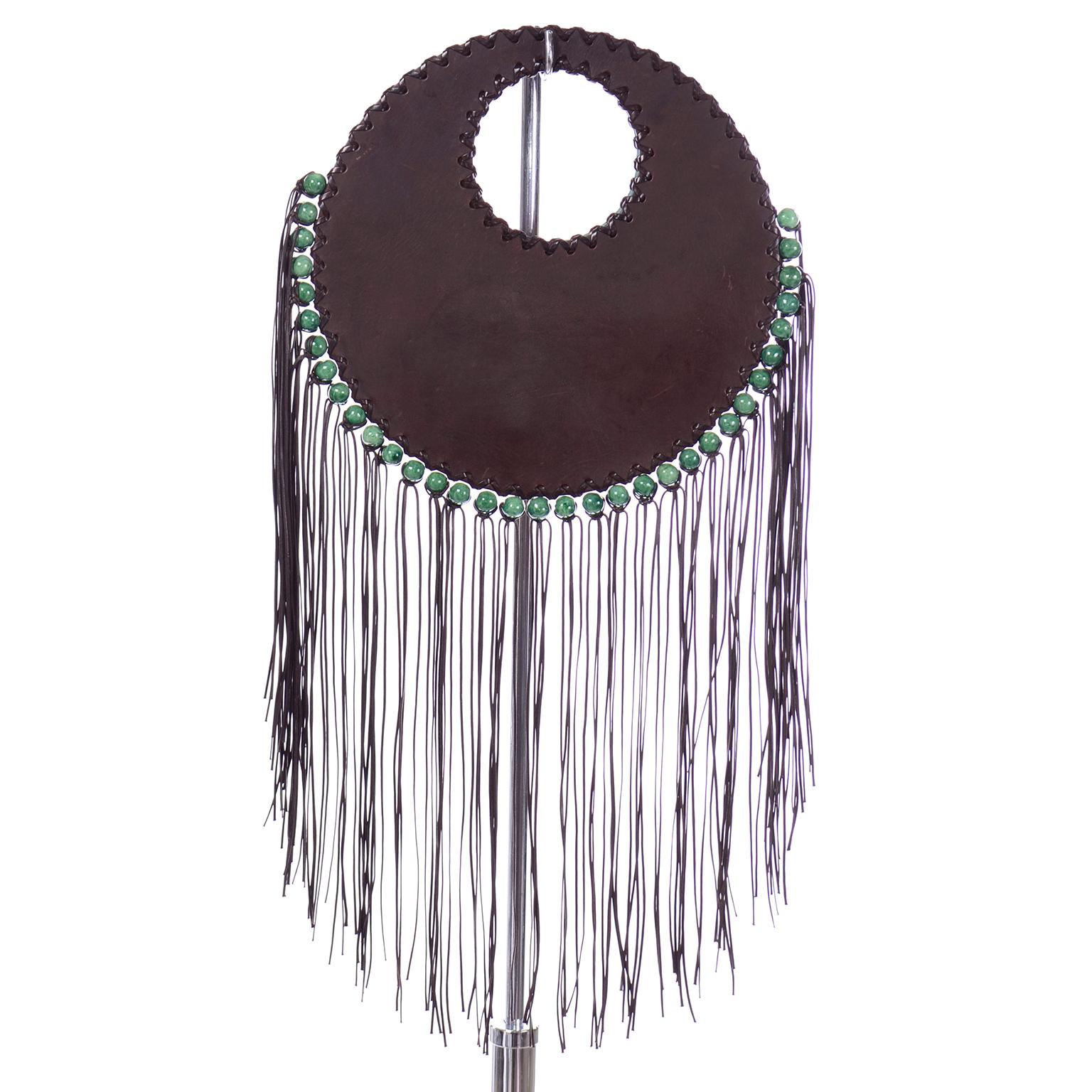 Denise Razzouk Round Brown Leather Handbag With Green Beads and Long Fringe In Excellent Condition In Portland, OR