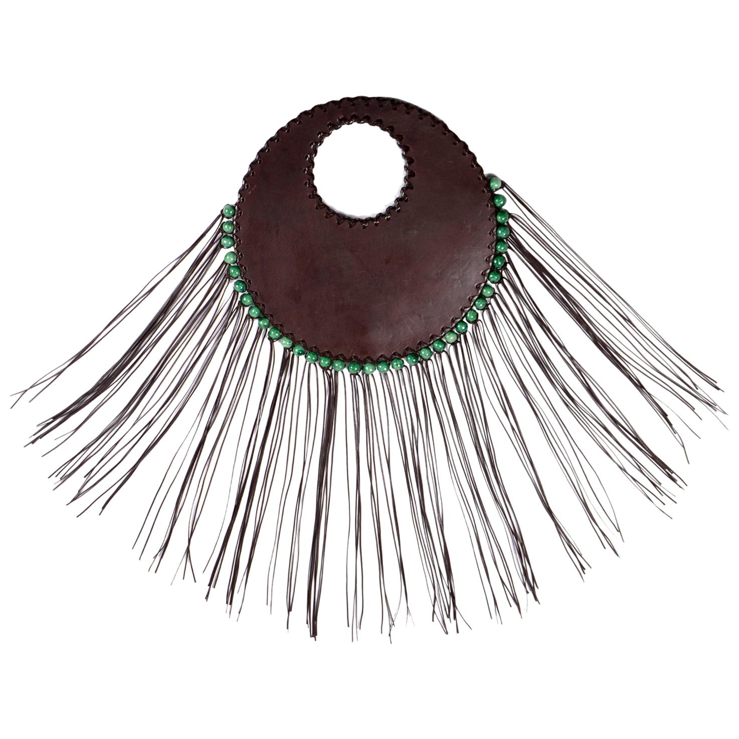 Denise Razzouk Round Brown Leather Handbag With Green Beads and Long Fringe