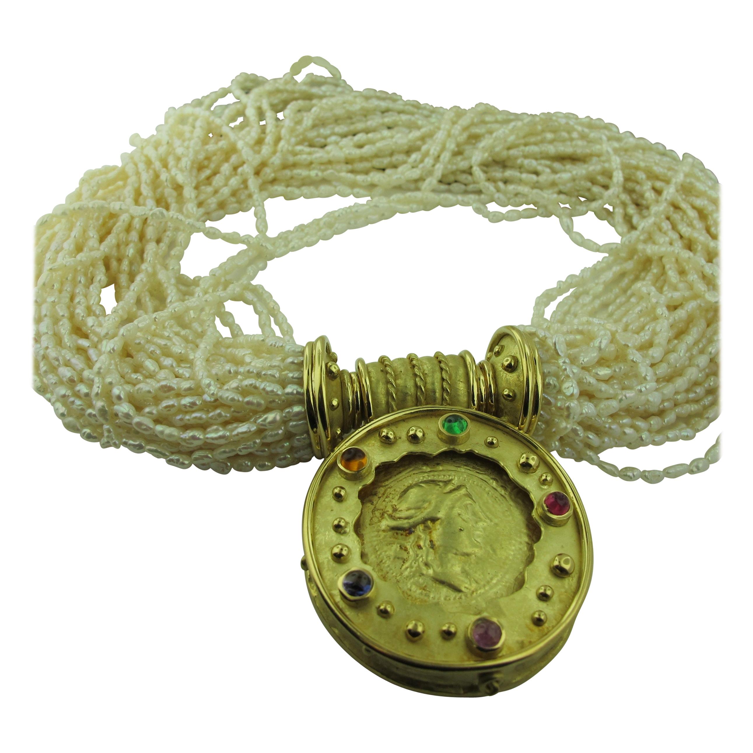Denise Roberge Halskette aus 18 Karat Gelbgold mit mehreren Steinen und Saatperlen