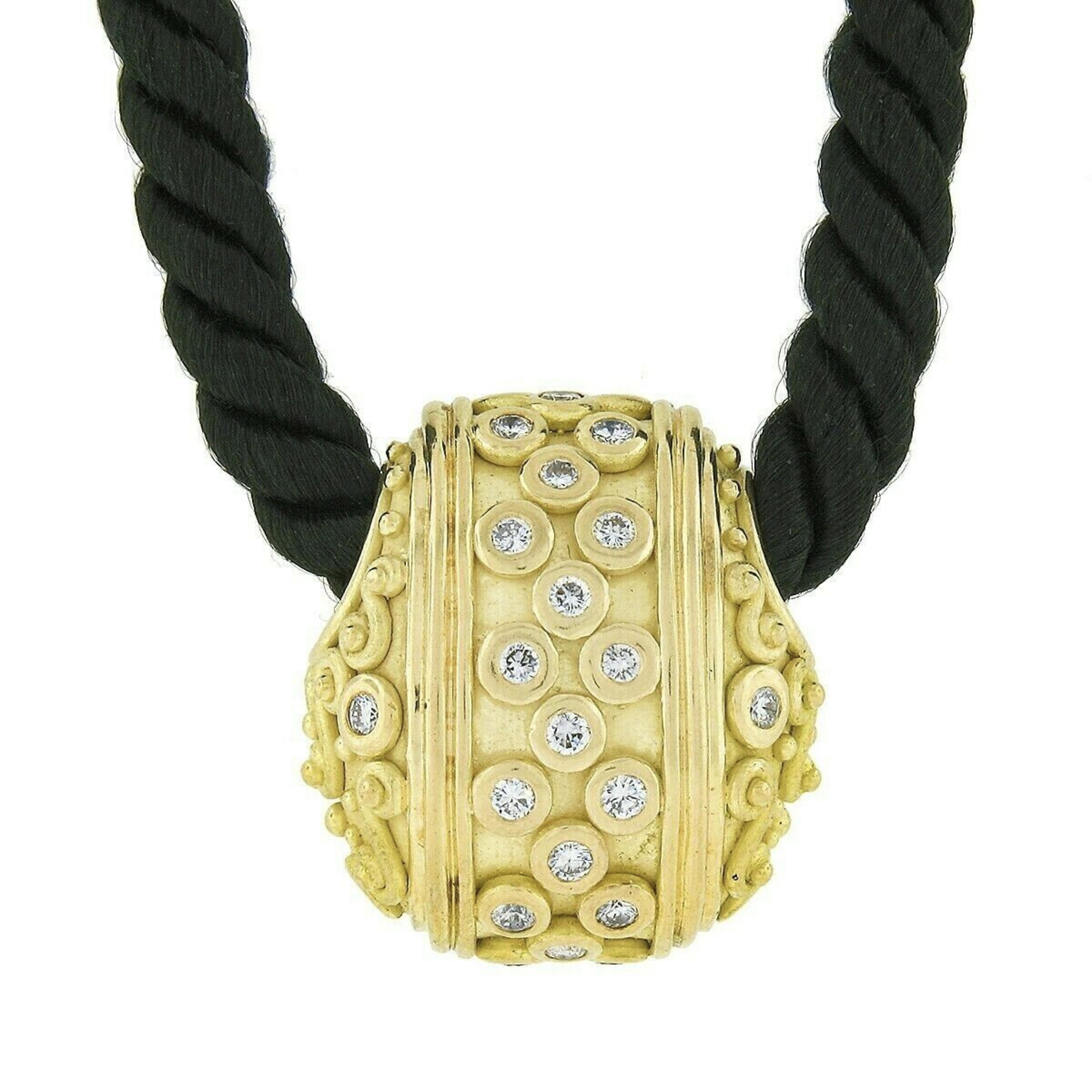 Round Cut Denise Roberge 18k Gold 2.10ct Bezel Diamond Slide Pendant & Black Silk Cord For Sale