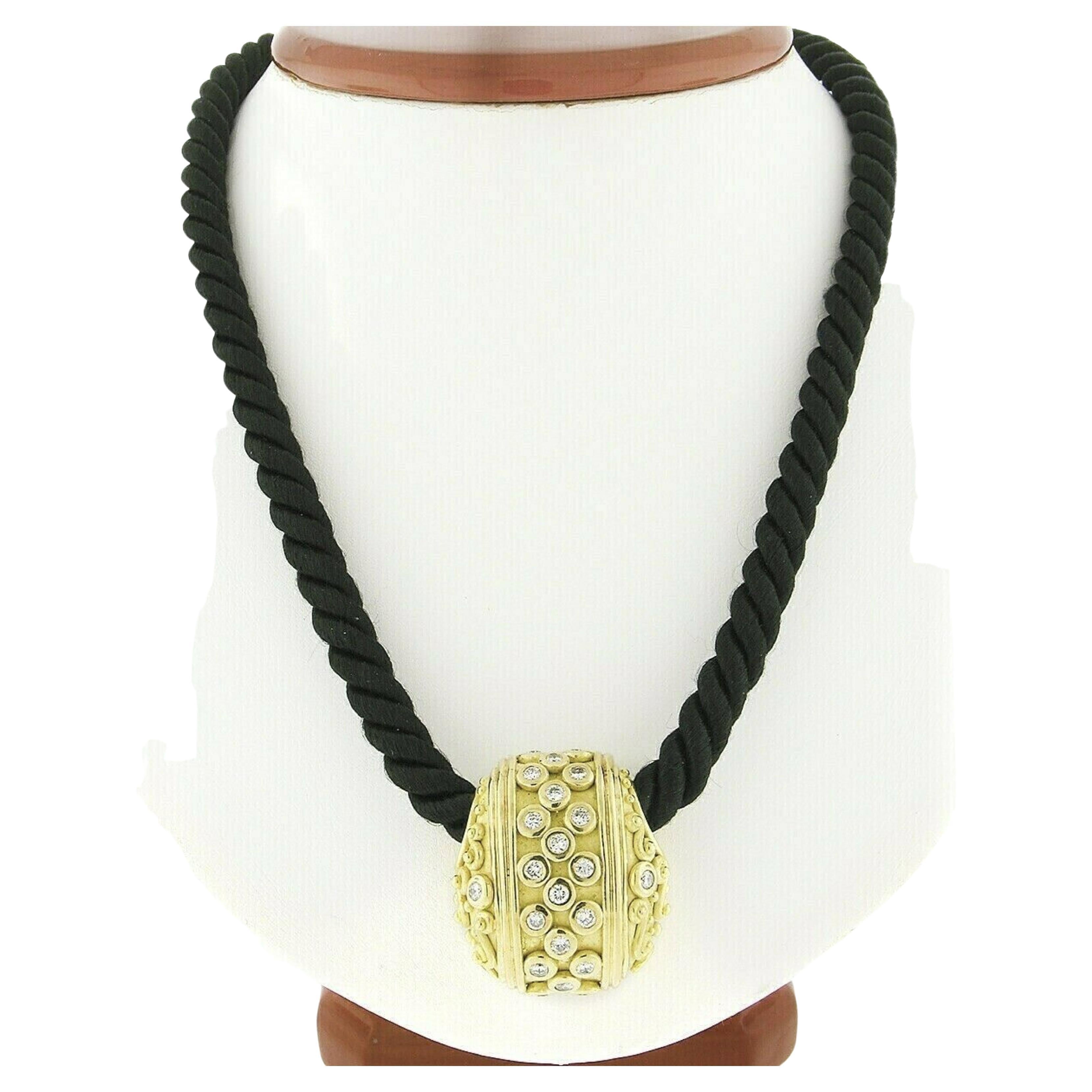 Denise Roberge 18k Gold 2.10ct Bezel Diamond Slide Pendant & Black Silk Cord For Sale