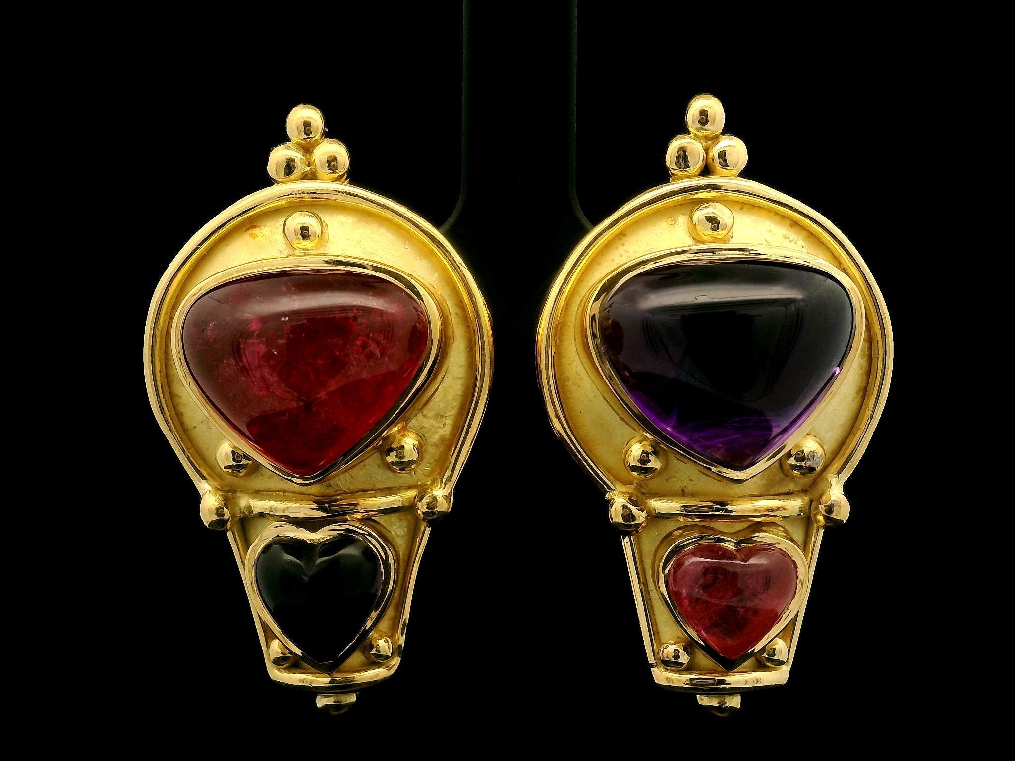 Cabochon Denise Roberge 18k Gold Bezel Heart Amethyst & Pink Tourmaline Clip On Earrings For Sale