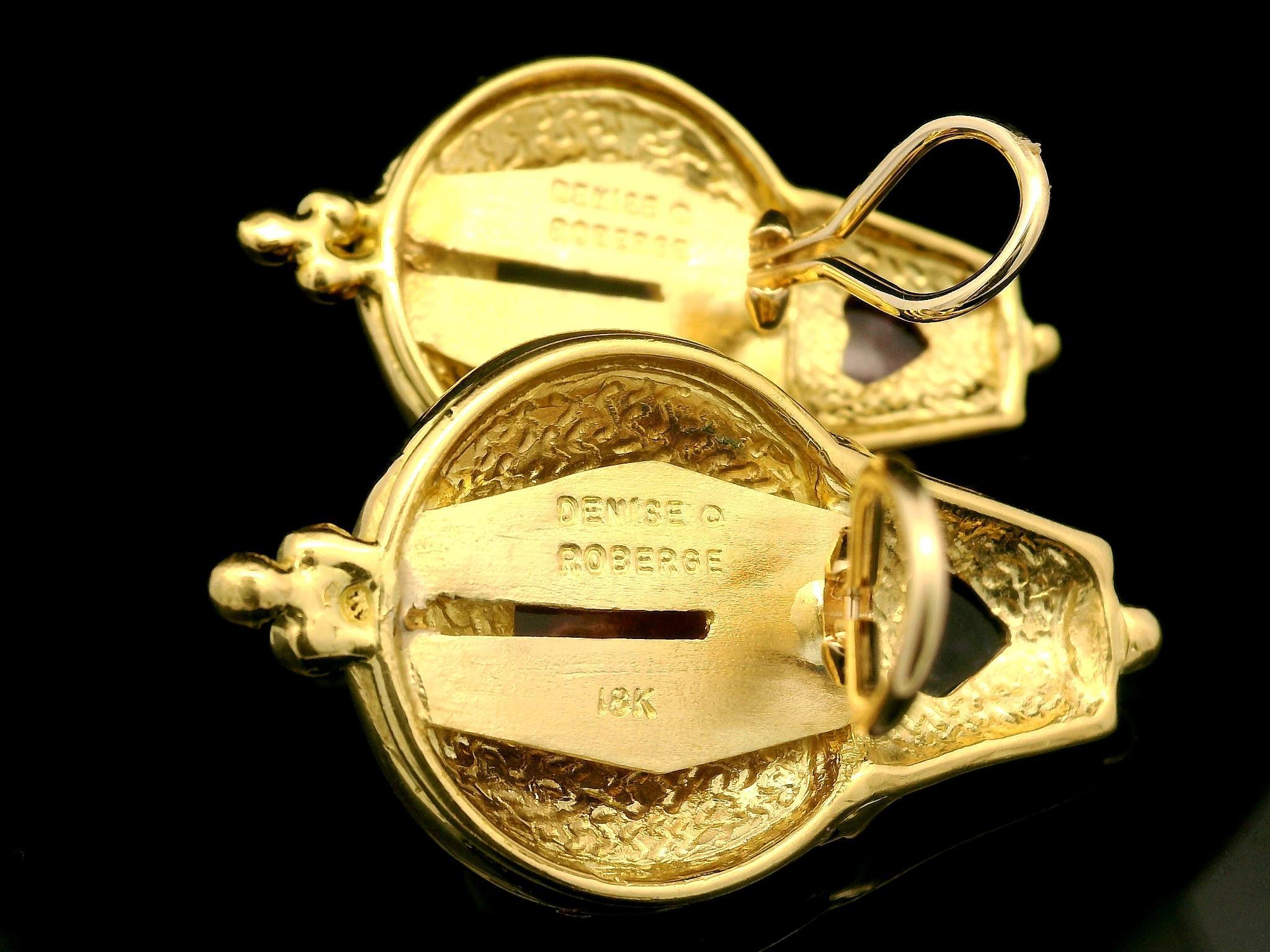 Denise Roberge 18k Gold Bezel Heart Amethyst & Pink Tourmaline Clip On Earrings In Excellent Condition For Sale In Montclair, NJ
