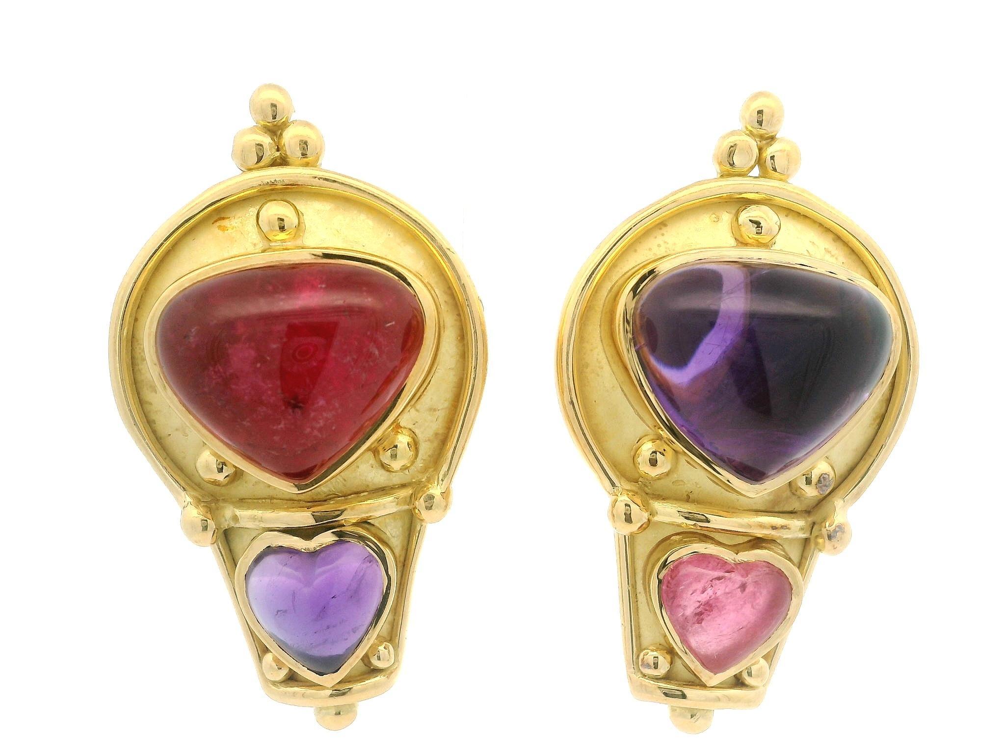 Women's Denise Roberge 18k Gold Bezel Heart Amethyst & Pink Tourmaline Clip On Earrings For Sale