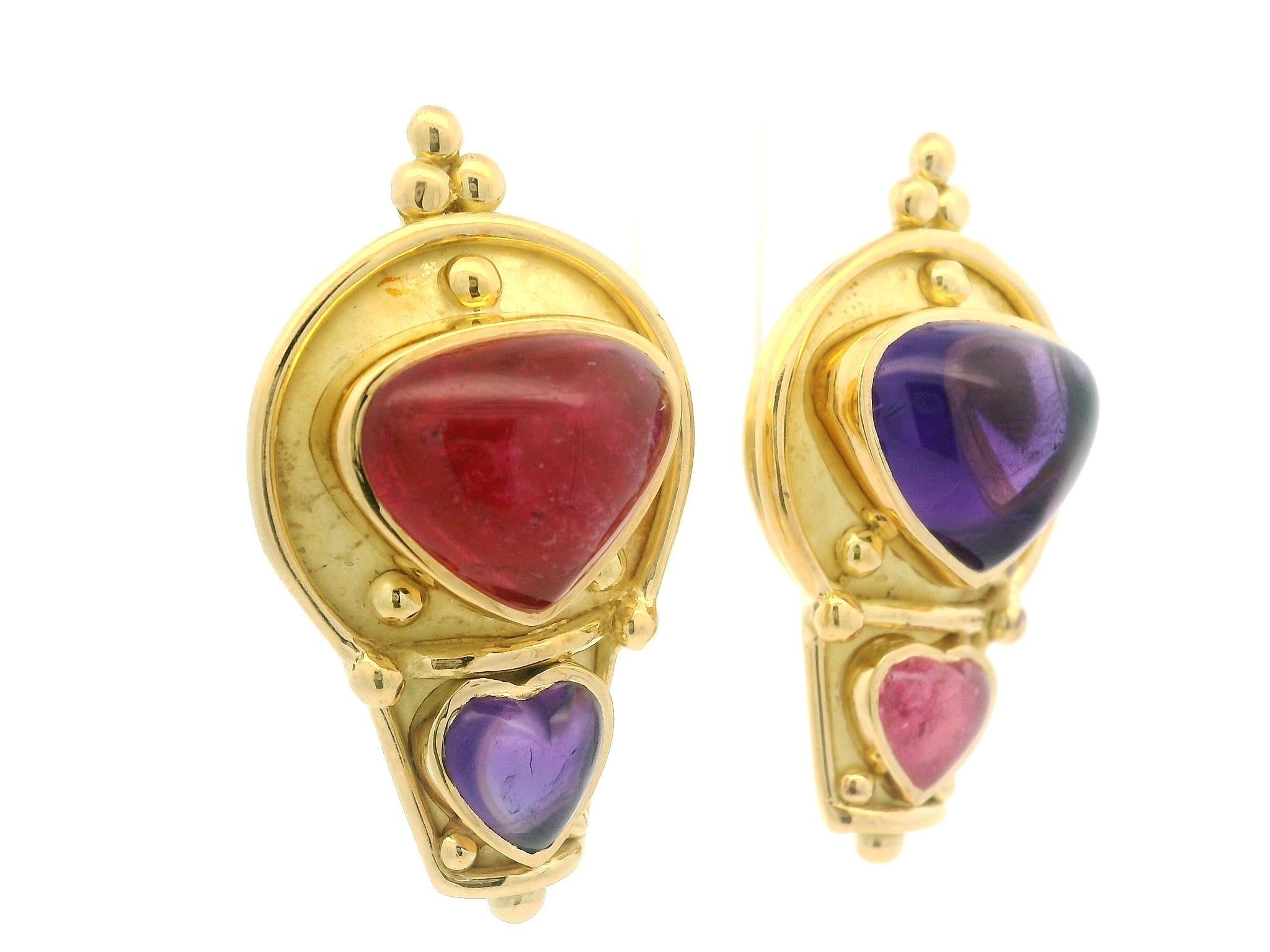 Denise Roberge 18k Gold Bezel Heart Amethyst & Pink Tourmaline Clip On Earrings For Sale 1