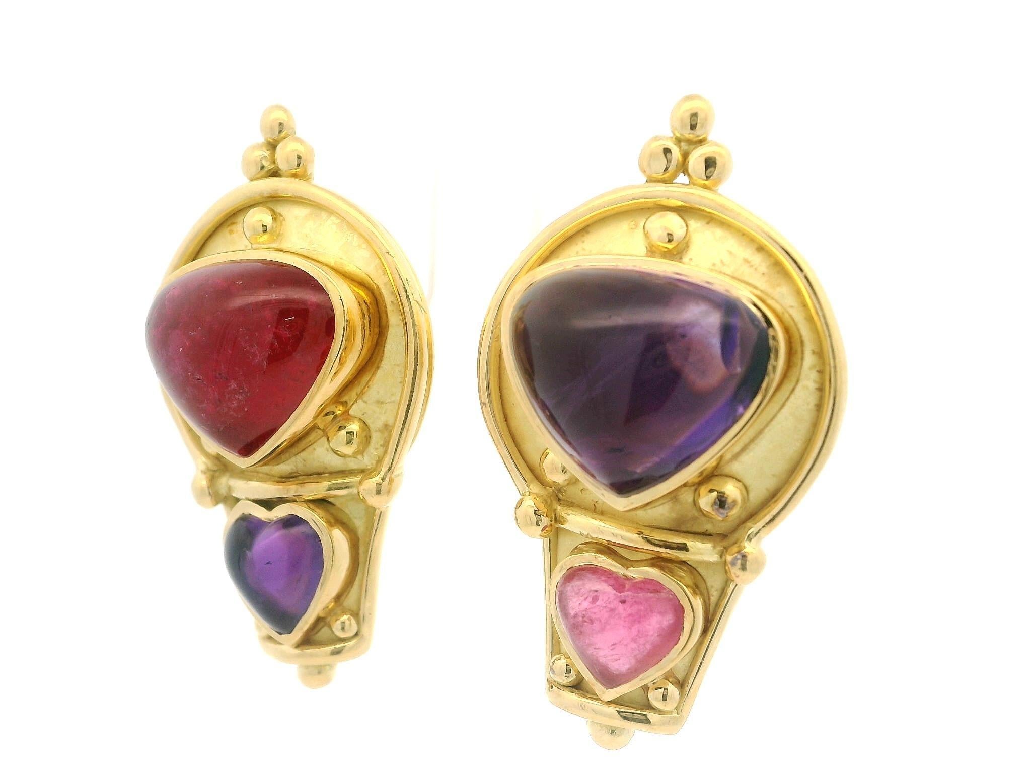 Denise Roberge 18k Gold Bezel Heart Amethyst & Pink Tourmaline Clip On Earrings For Sale 2