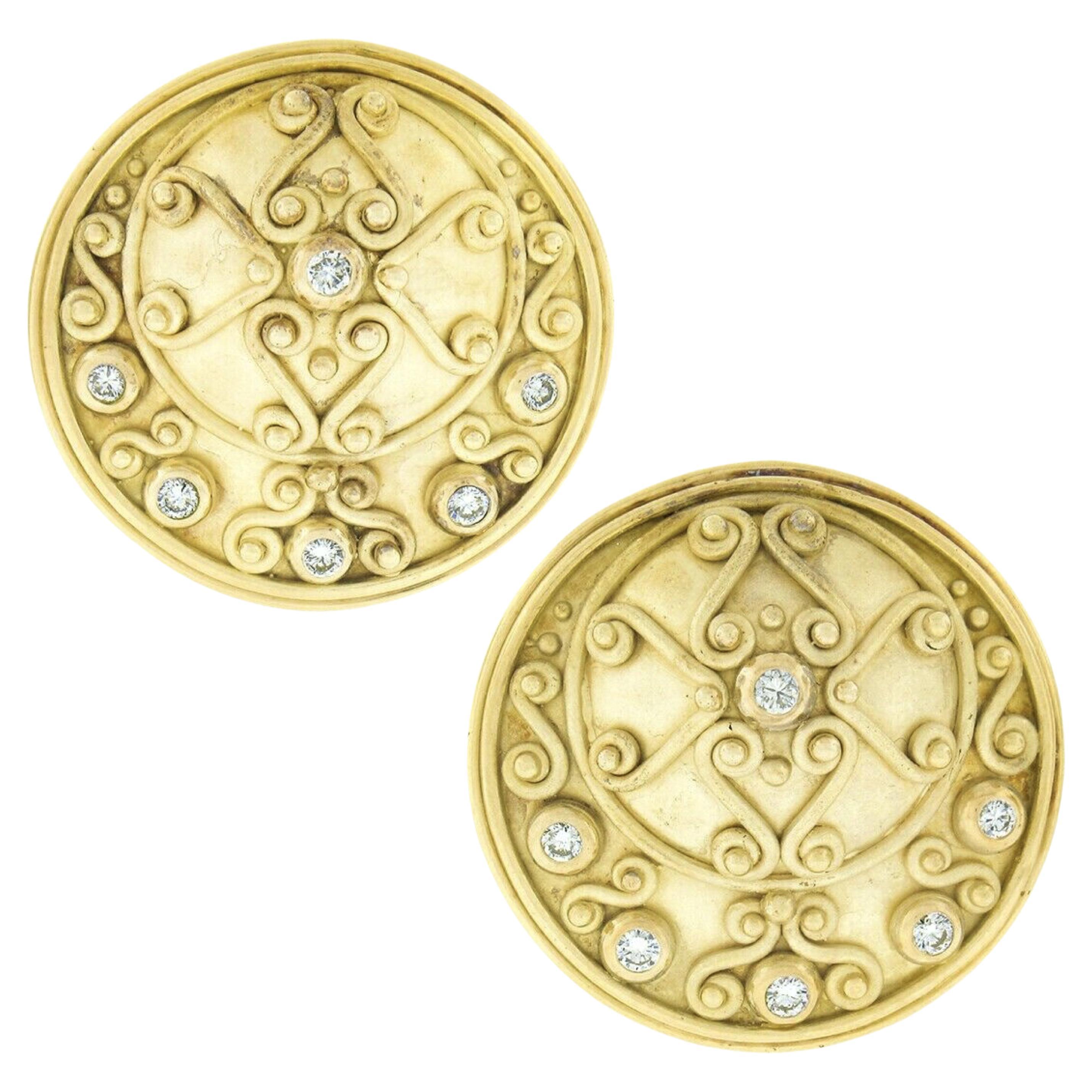 Denise Roberge 18K Gold Etruscan Large Round Circular Disk w/ Diamond Earrings For Sale