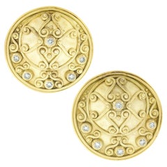 Denise Roberge 18K Gold Etruscan Large Round Circular Disk w/ Diamond Earrings