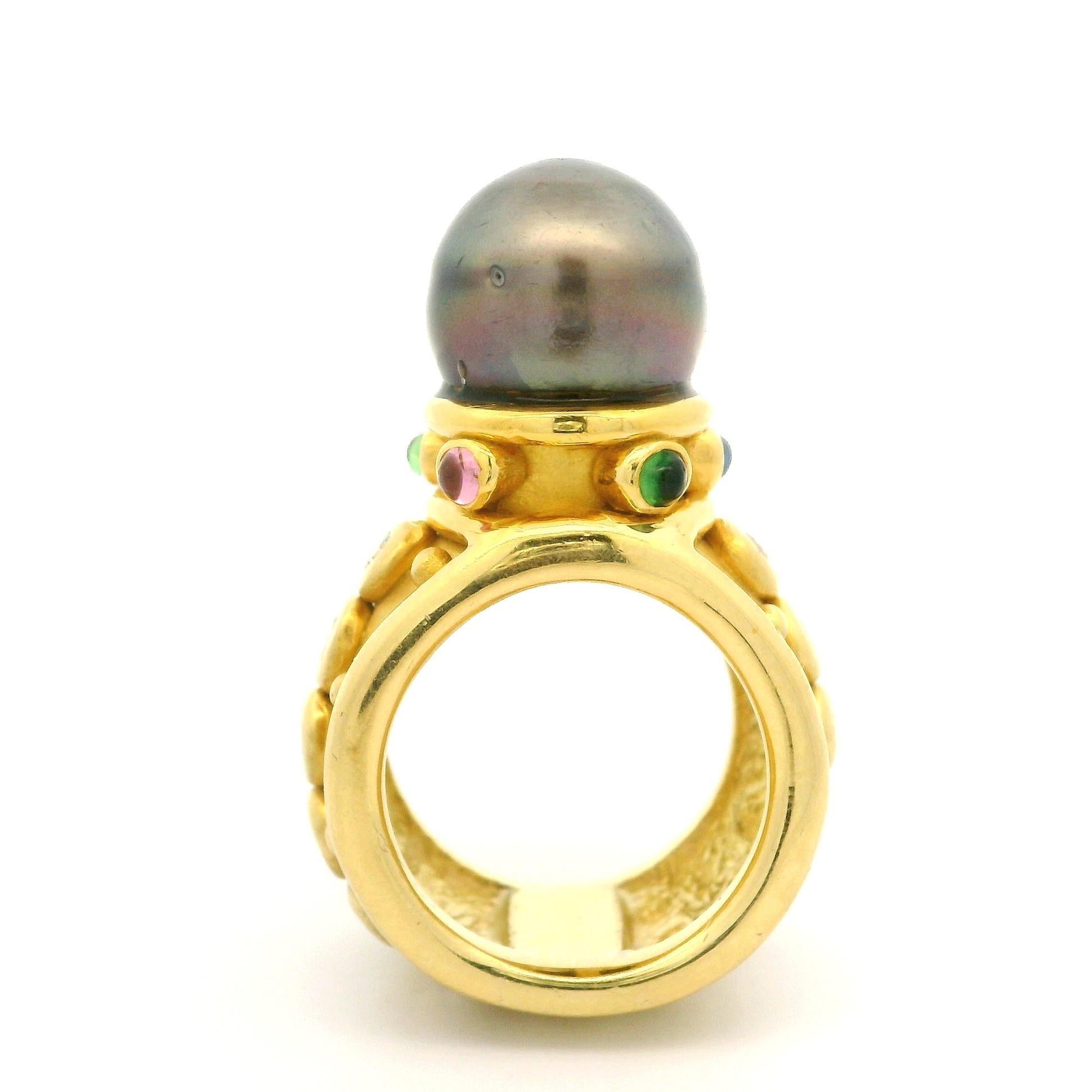 Taglio rotondo Denise Roberge - Anello largo con perla di Tahiti e diamante a castone in oro 18 ct. in vendita