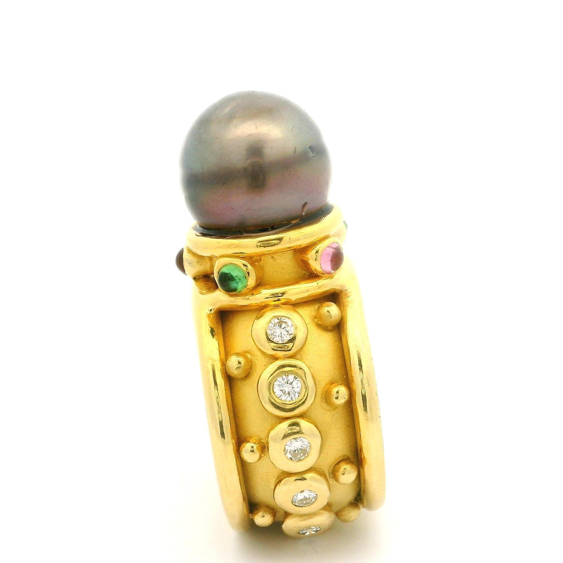 Denise Roberge - Anello largo con perla di Tahiti e diamante a castone in oro 18 ct. In condizioni buone in vendita a Montclair, NJ