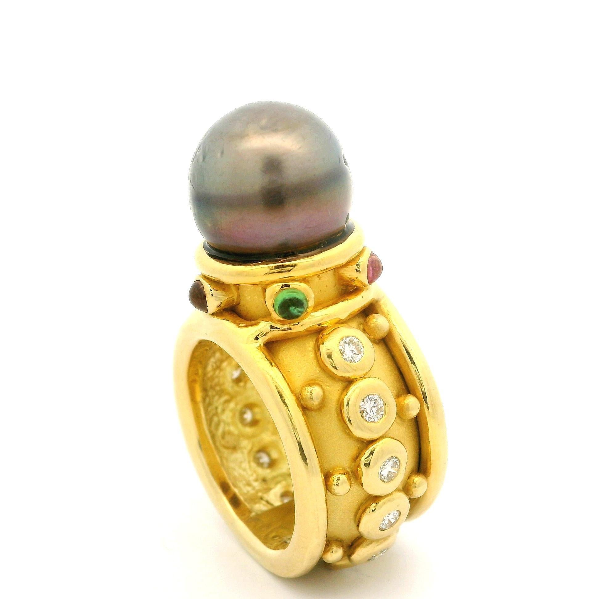 Donna Denise Roberge - Anello largo con perla di Tahiti e diamante a castone in oro 18 ct. in vendita