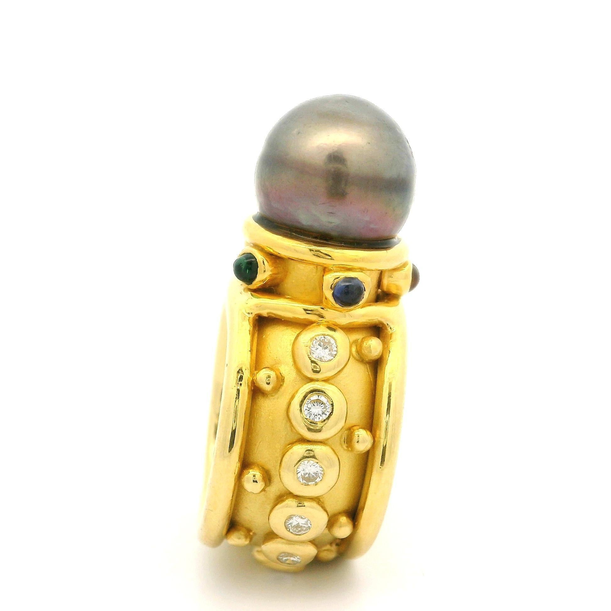 Denise Roberge - Anello largo con perla di Tahiti e diamante a castone in oro 18 ct. in vendita 1