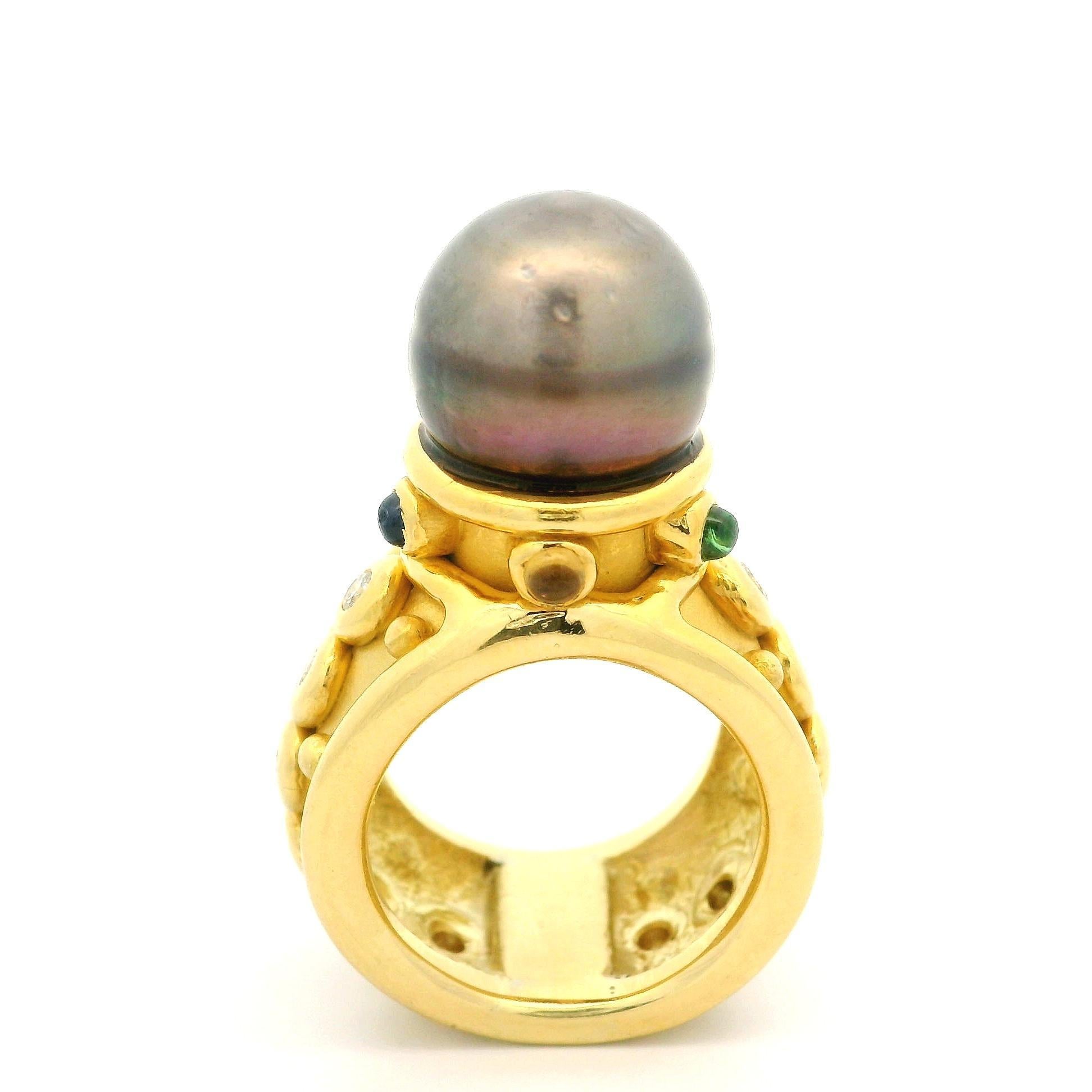 Denise Roberge - Anello largo con perla di Tahiti e diamante a castone in oro 18 ct. in vendita 2