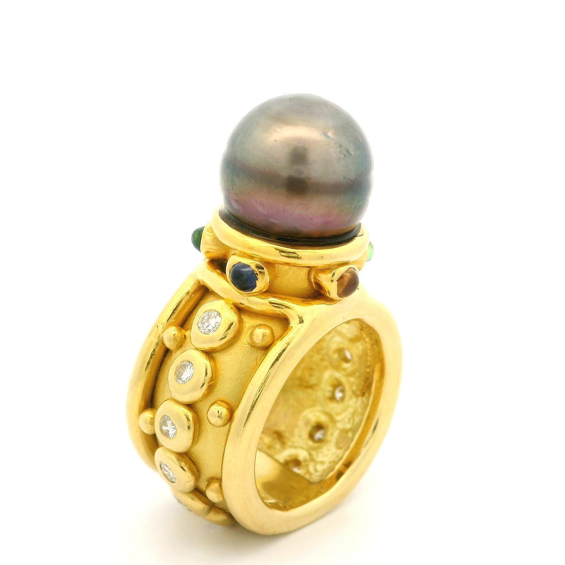 Denise Roberge - Anello largo con perla di Tahiti e diamante a castone in oro 18 ct. in vendita 3