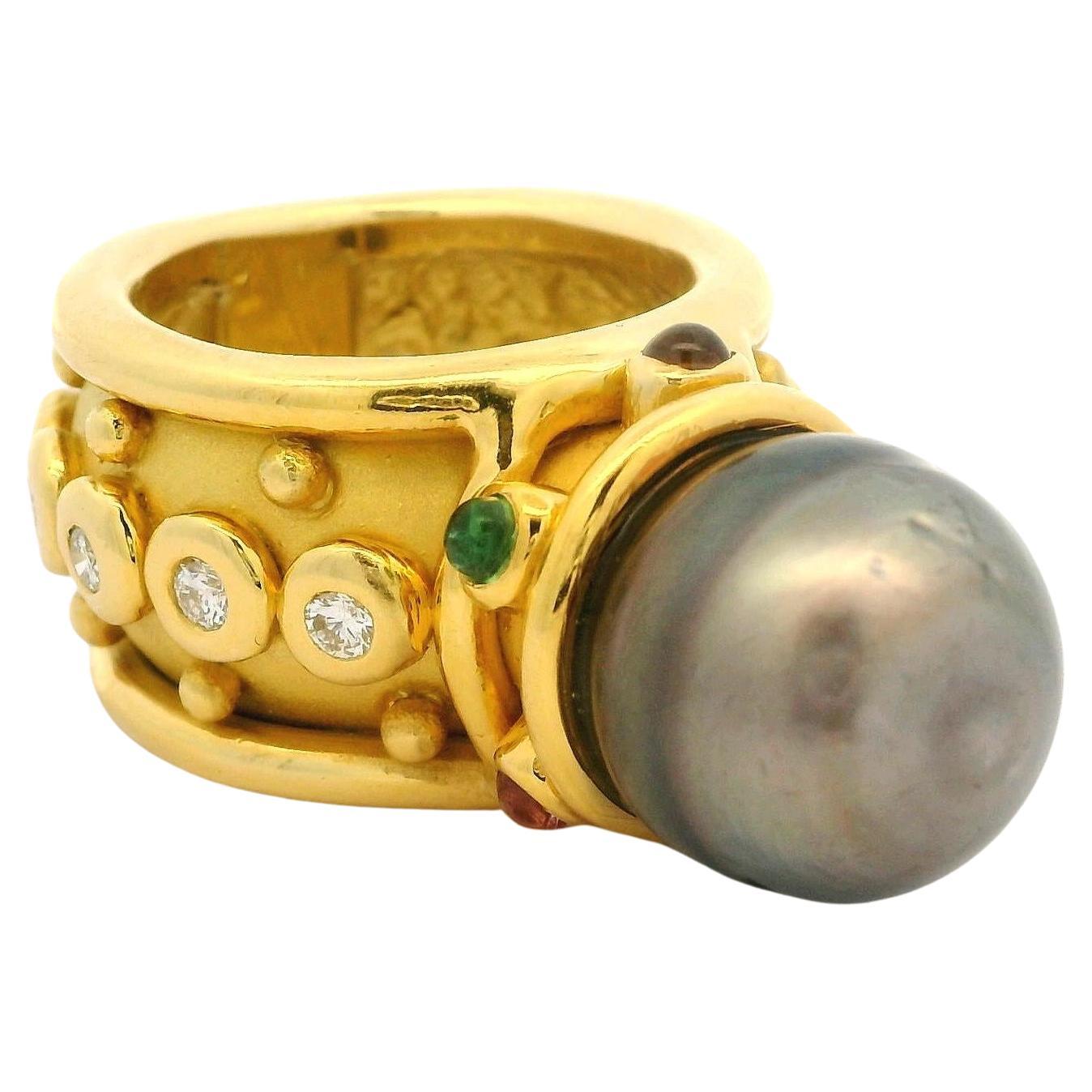 Denise Roberge 18k Gold Large Tahitian Pearl w/ Bezel Diamond Wide Ring