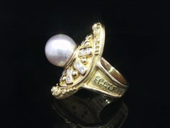 Denise Roberge 18k Gold Pearl & Diamond Long Domed Detailed Greek Work Ring