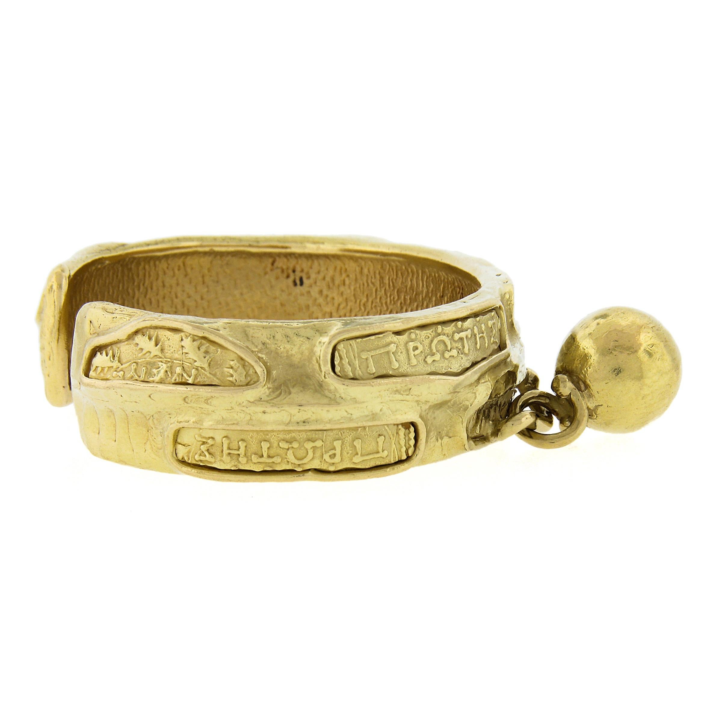Denise Roberge 18k Yellow Gold Greek Writing Open Cuff Bracelet w/ Dangle Ball For Sale 1