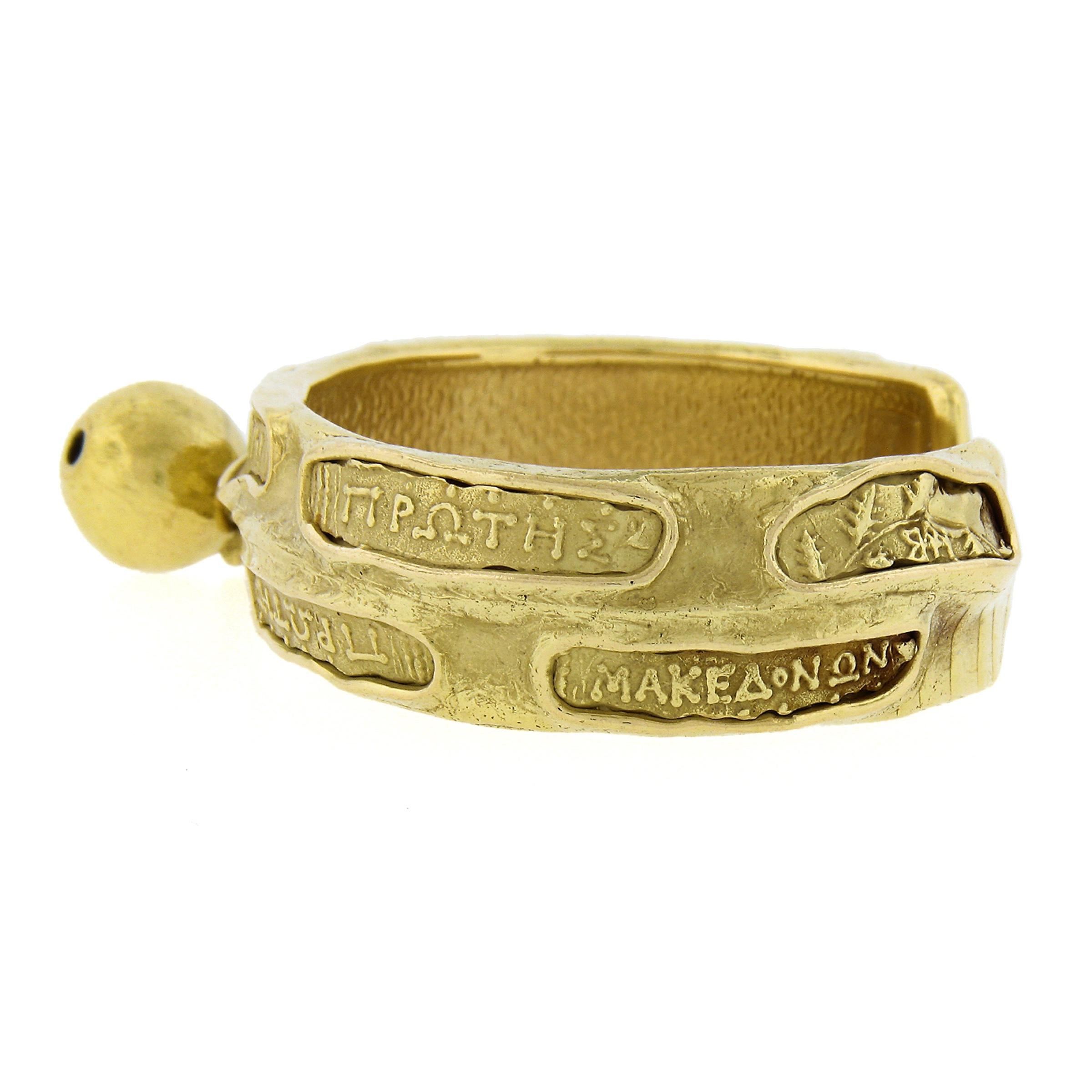 Denise Roberge 18k Yellow Gold Greek Writing Open Cuff Bracelet w/ Dangle Ball For Sale 2